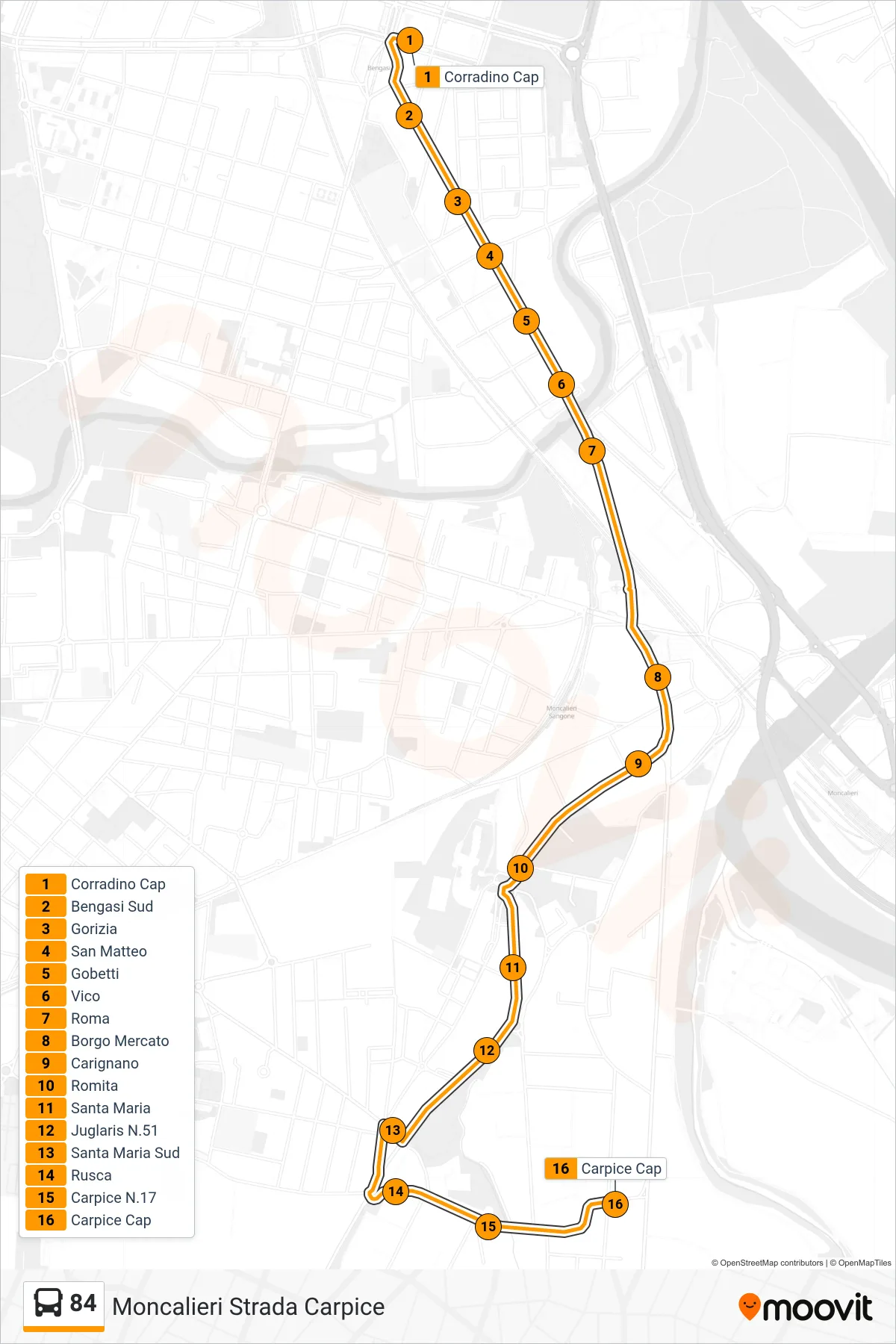 Linea 84 bus (Moncalieri Strada Carpice) - Percorsi e fermate sulla mappa