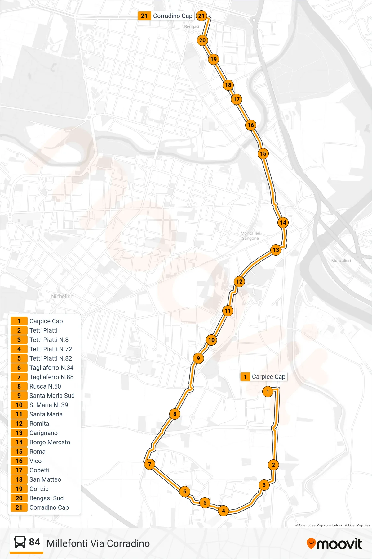 Linea 84 bus (Millefonti Via Corradino) - Percorsi e fermate sulla mappa