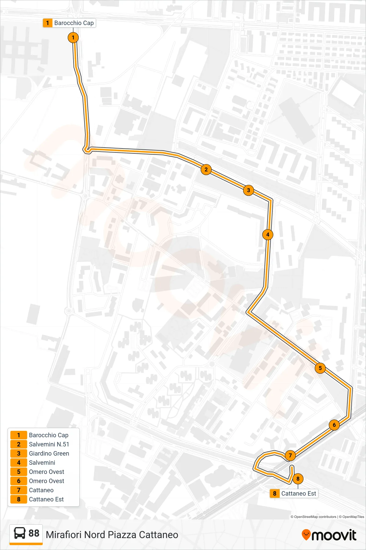 Linea 88  bus (Mirafiori Nord Piazza Cattaneo) - Percorsi e fermate sulla mappa