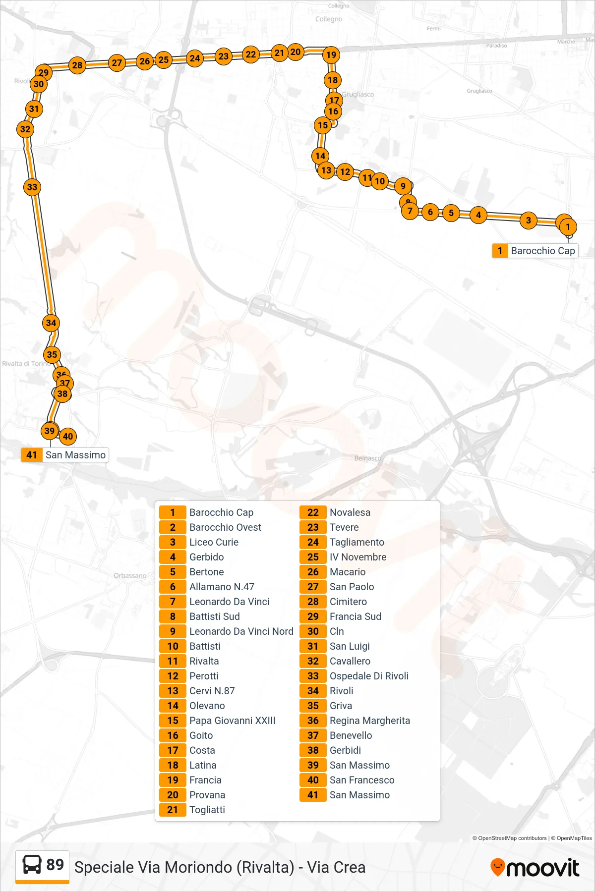 Linea 89 bus (Rivalta Via Moriondo) - Percorsi e fermate sulla mappa