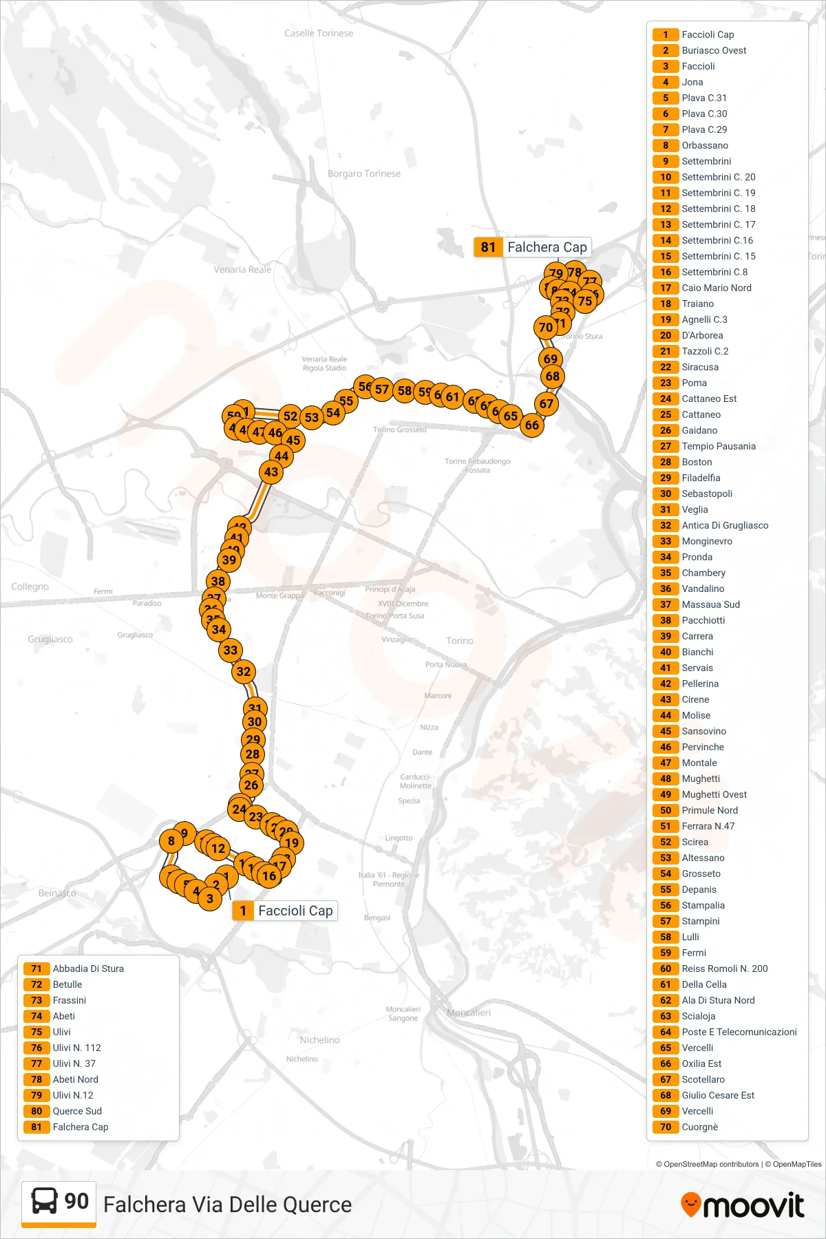 Linea 90 bus (Falchera Via Delle Querce) - Percorsi e fermate sulla mappa