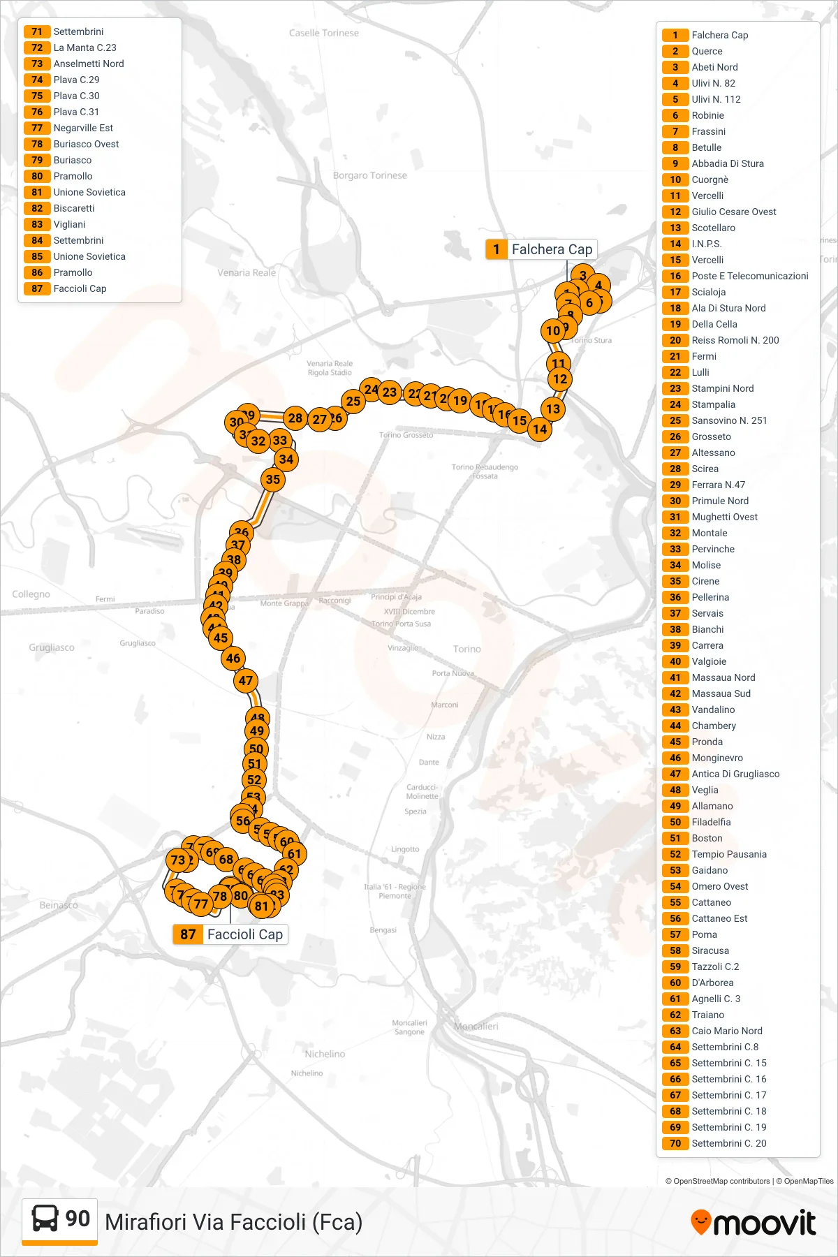 Linea 90  bus (Mirafiori Via Faccioli (Fca)) - Percorsi e fermate sulla mappa