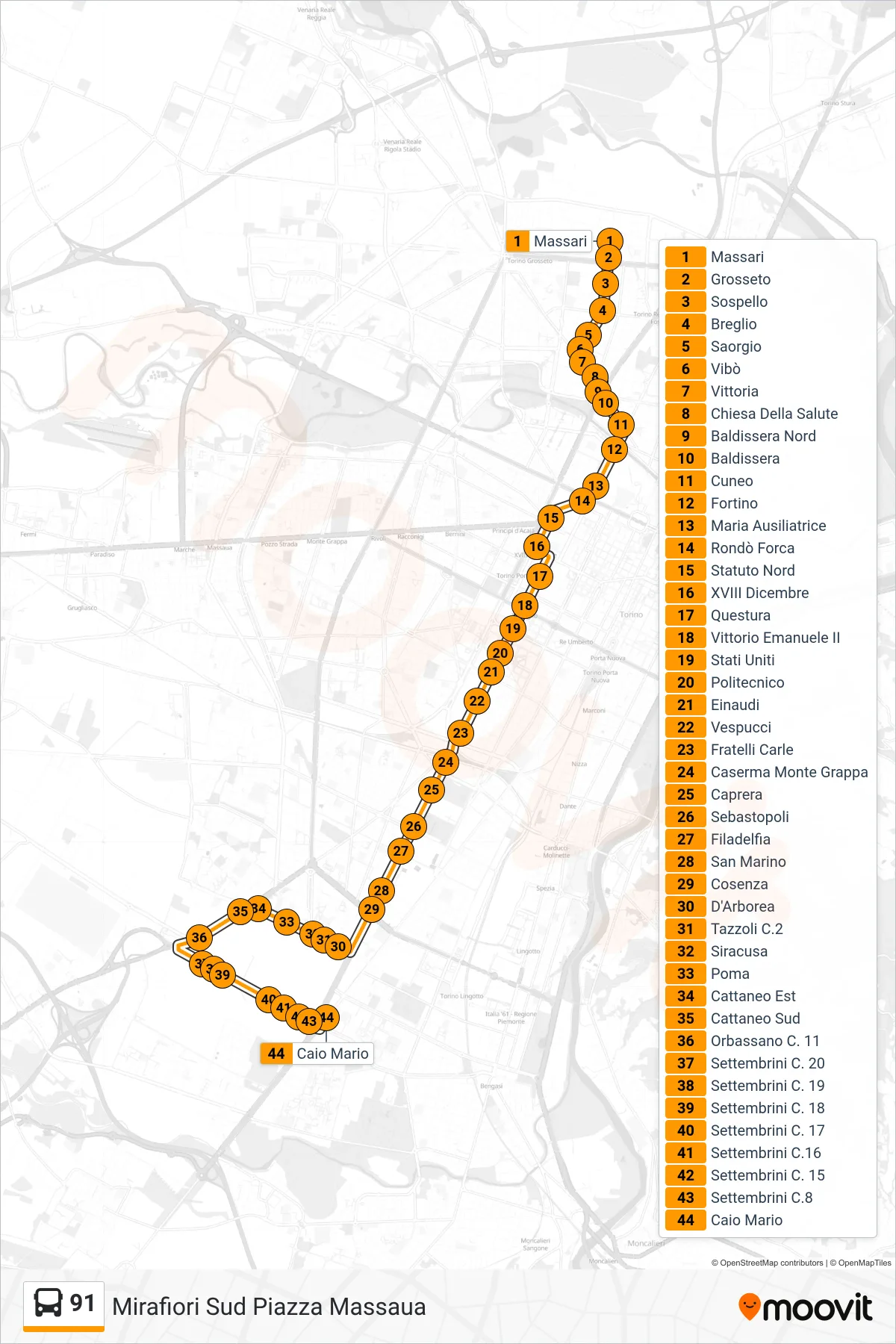 Linea 91 bus (Mirafiori Sud Piazza Massaua) - Percorsi e fermate sulla mappa