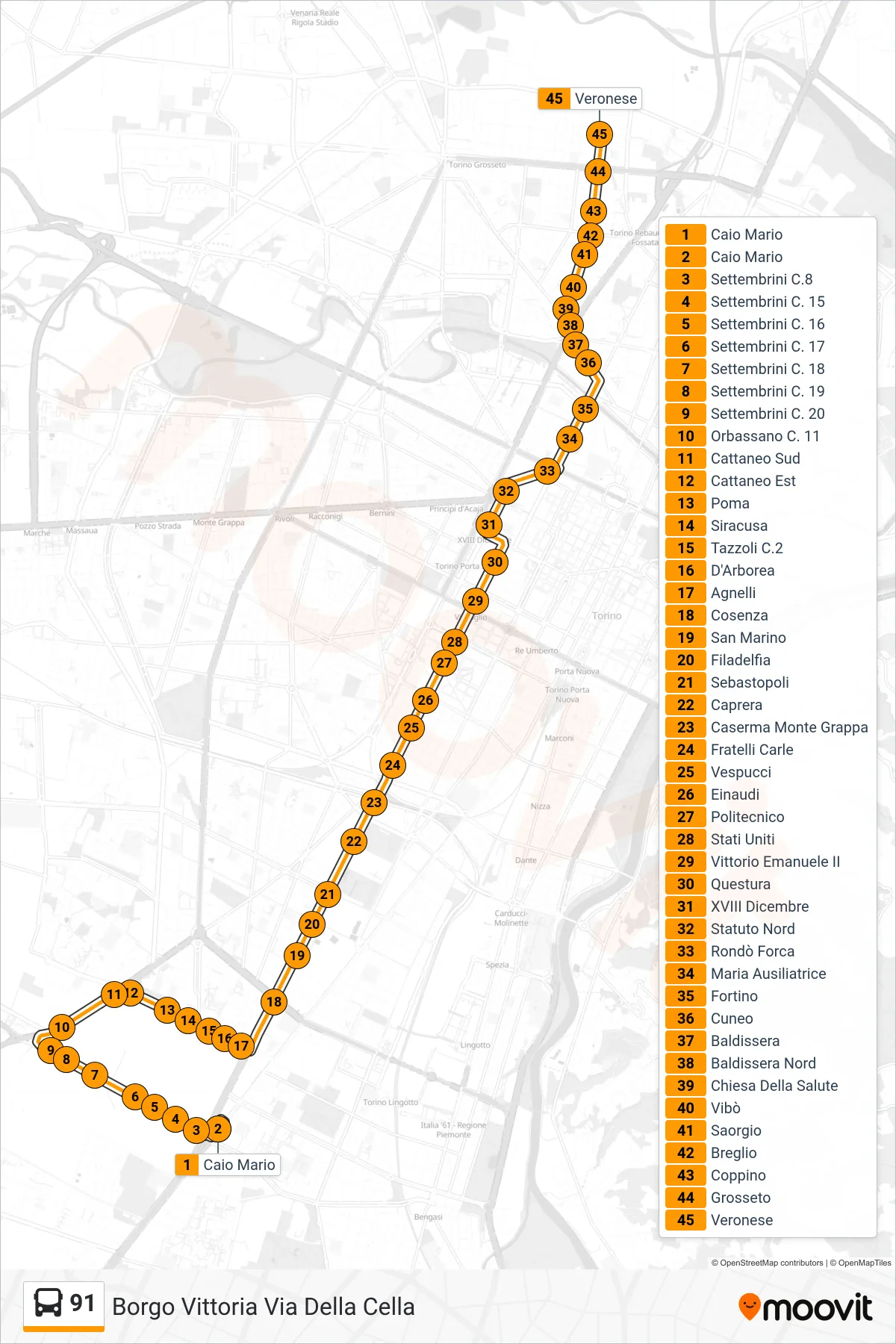 91 bus Line (Borgo Vittoria Via Della Cella) route and stops on a map