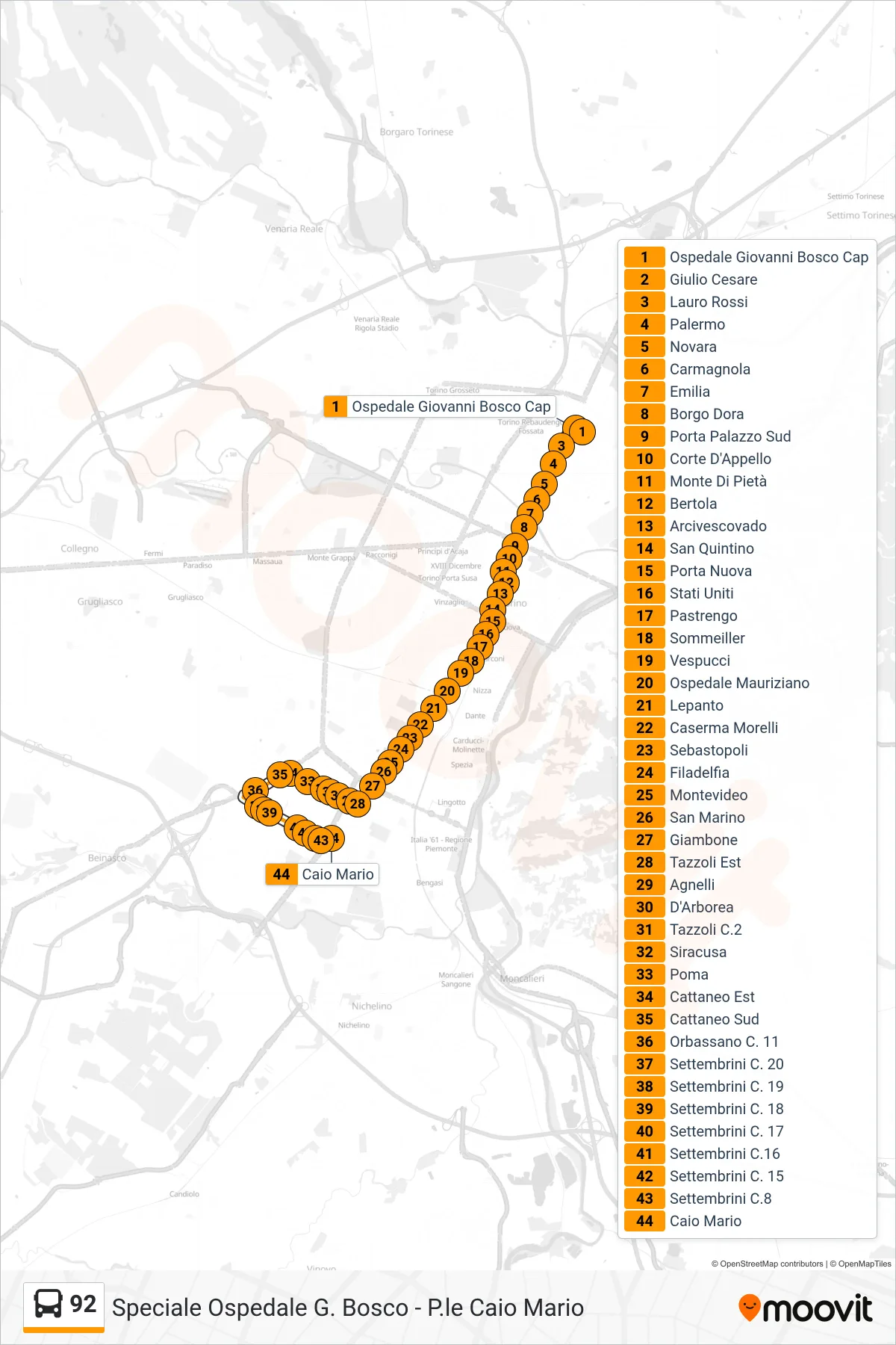 Linea 92 bus (Mirafiori Sud P.Le Caio Mario) - Percorsi e fermate sulla mappa