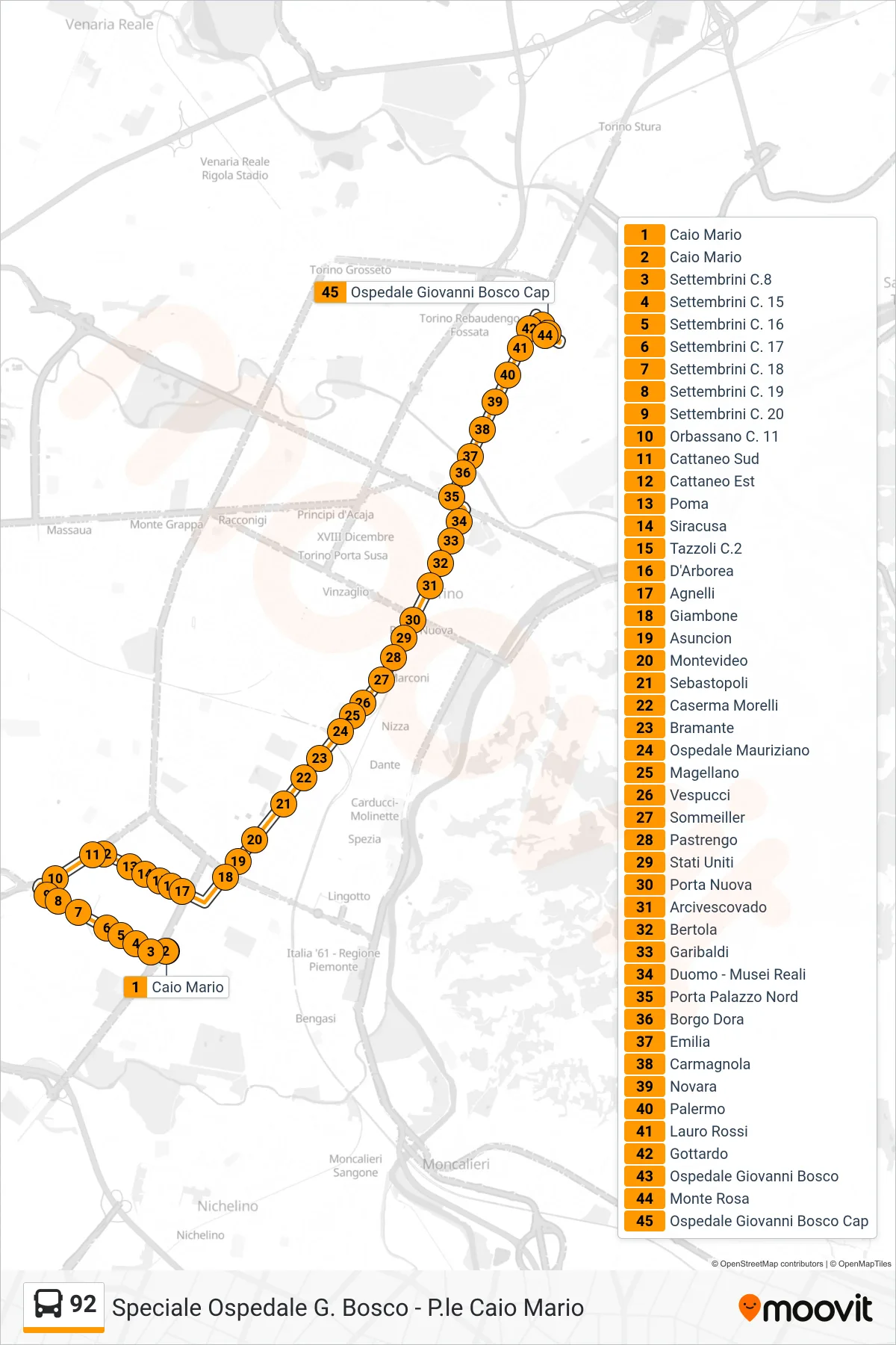 Linea 92 bus (Barriera Milano Osp. Giovanni Bosco) - Percorsi e fermate sulla mappa