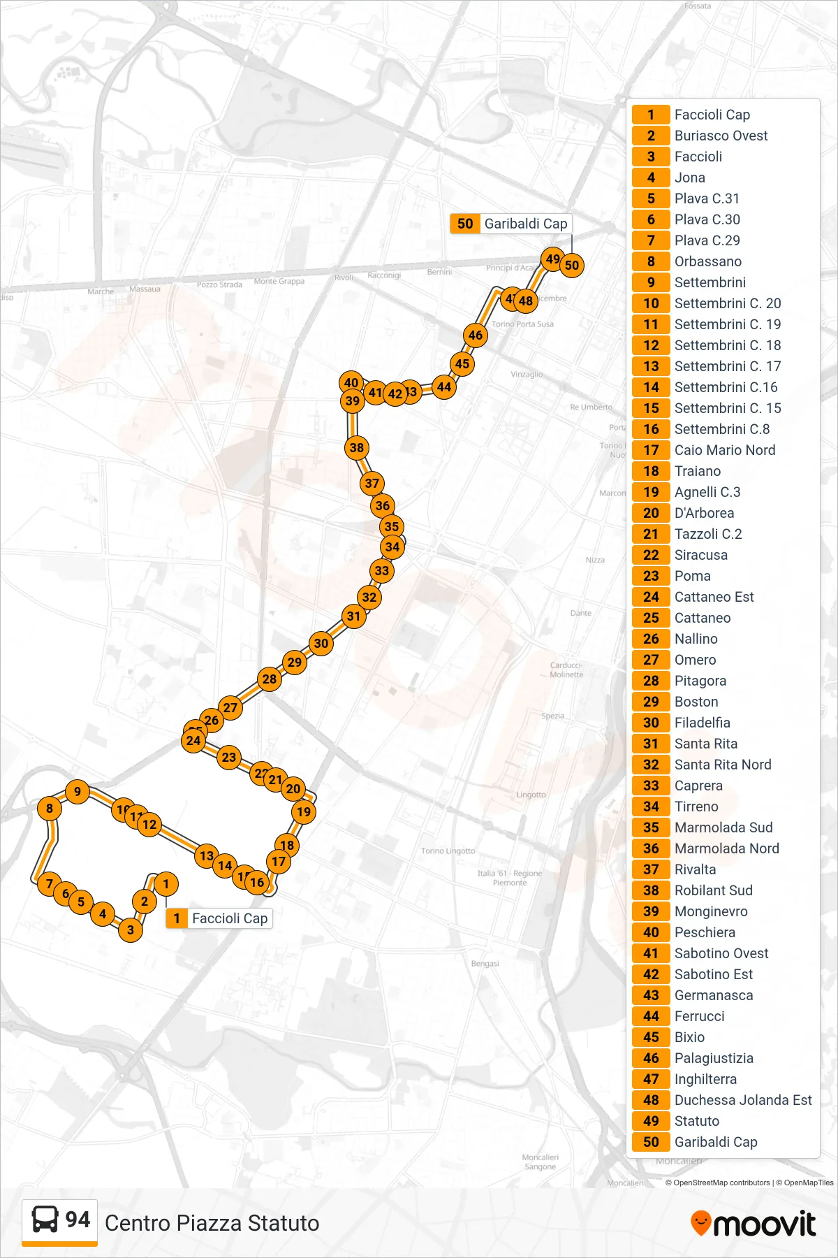 Linea 94 bus (Centro Piazza Statuto) - Percorsi e fermate sulla mappa
