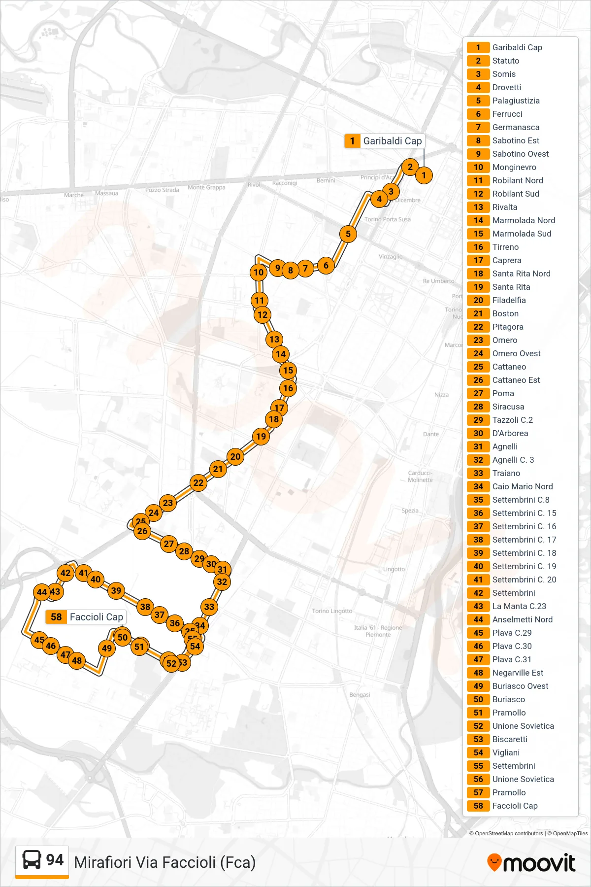 Linea 94  bus (Mirafiori Via Faccioli (Fca)) - Percorsi e fermate sulla mappa