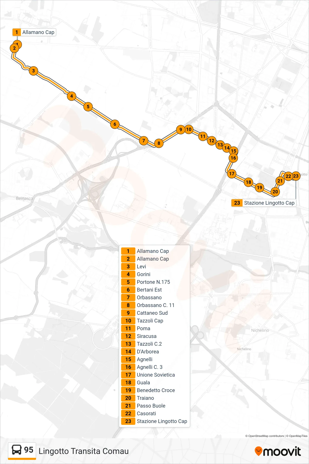 Linea 95 bus (Lingotto Transita Comau) - Percorsi e fermate sulla mappa