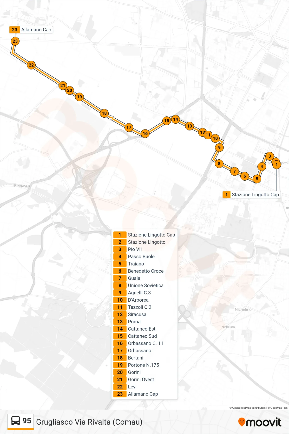 Linea 95 bus (Grugliasco Via Rivalta (Comau)) - Percorsi e fermate sulla mappa