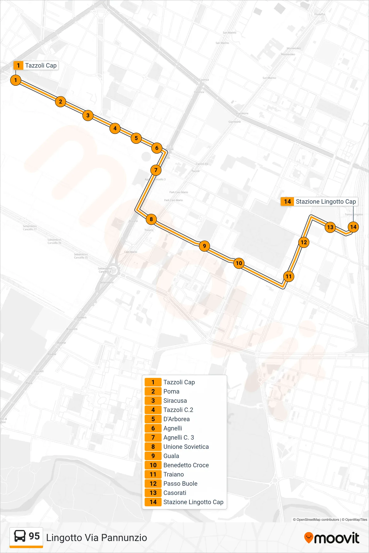Linea 95  bus (Lingotto Via Pannunzio) - Percorsi e fermate sulla mappa
