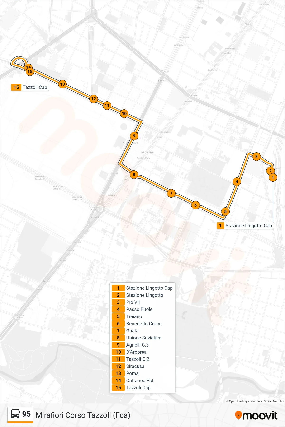 Linea 95 bus (Mirafiori Corso Tazzoli (Fca)) - Percorsi e fermate sulla mappa