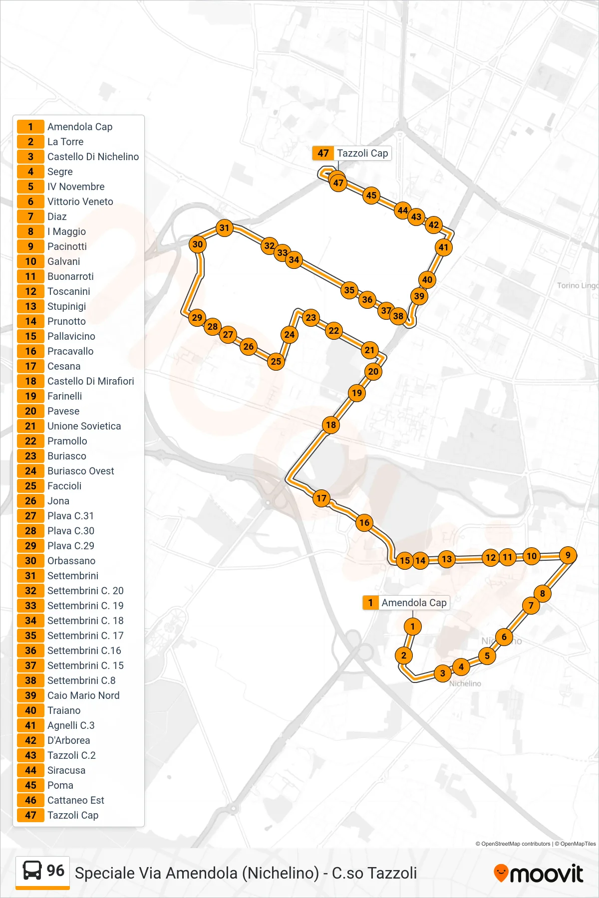 Linea 96 bus (Mirafiori Corso Tazzoli (Fca)) - Percorsi e fermate sulla mappa