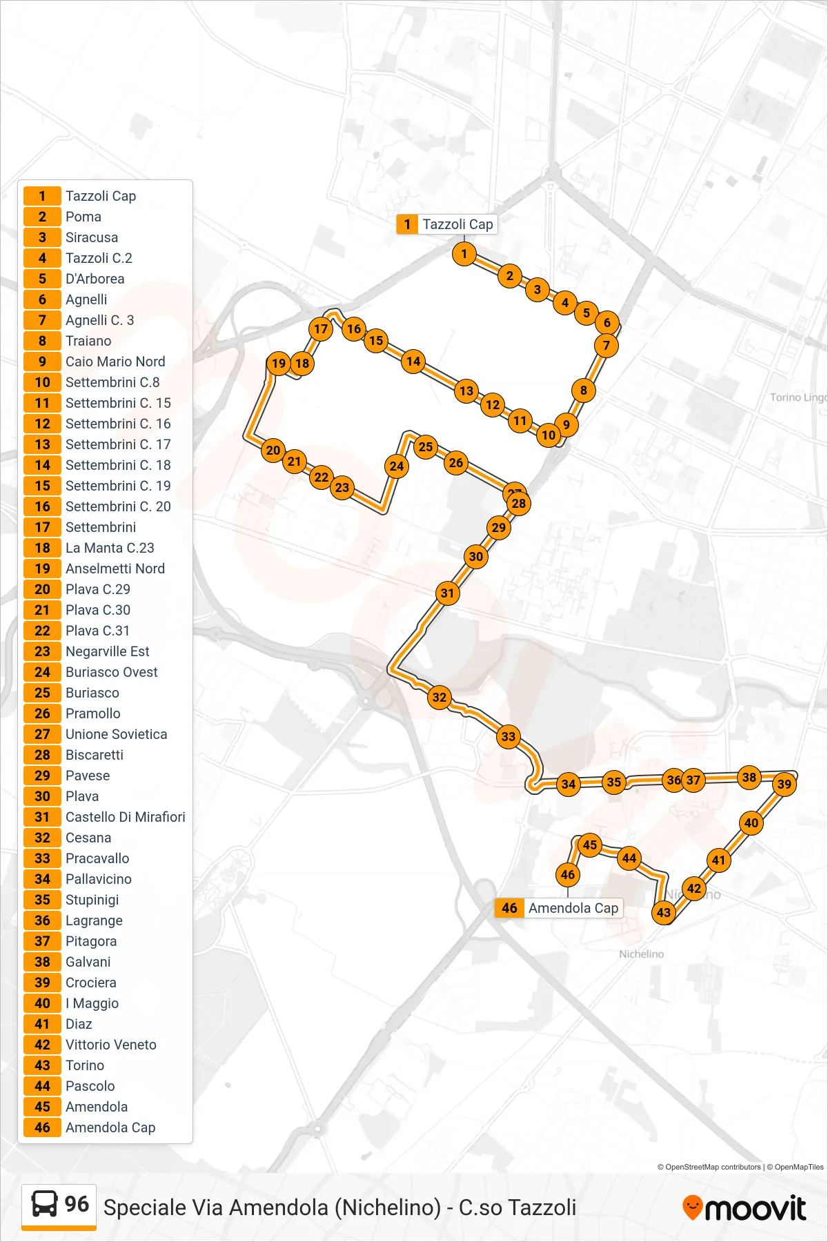 Linea 96 bus (Nichelino Via Amendola) - Percorsi e fermate sulla mappa