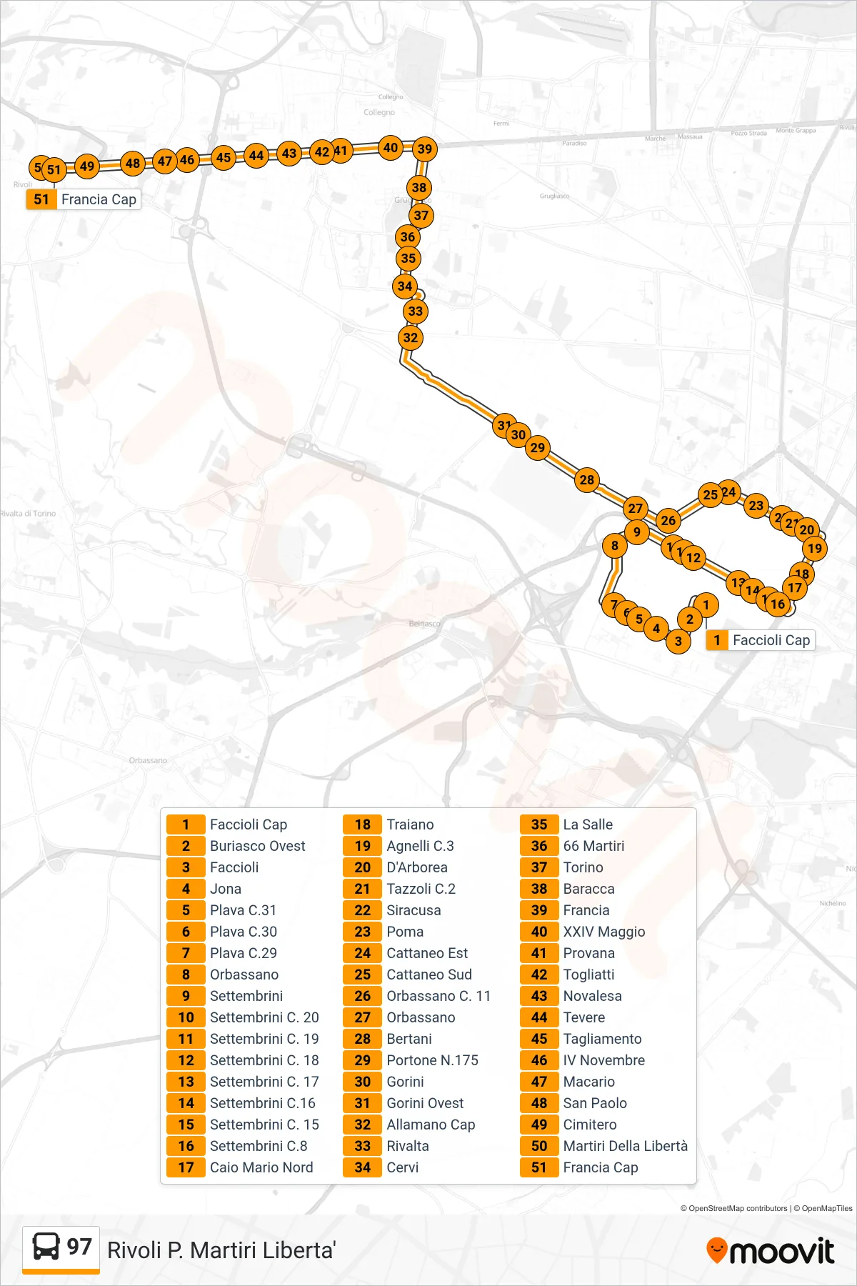 Linea 97 bus (Rivoli P. Martiri Liberta') - Percorsi e fermate sulla mappa