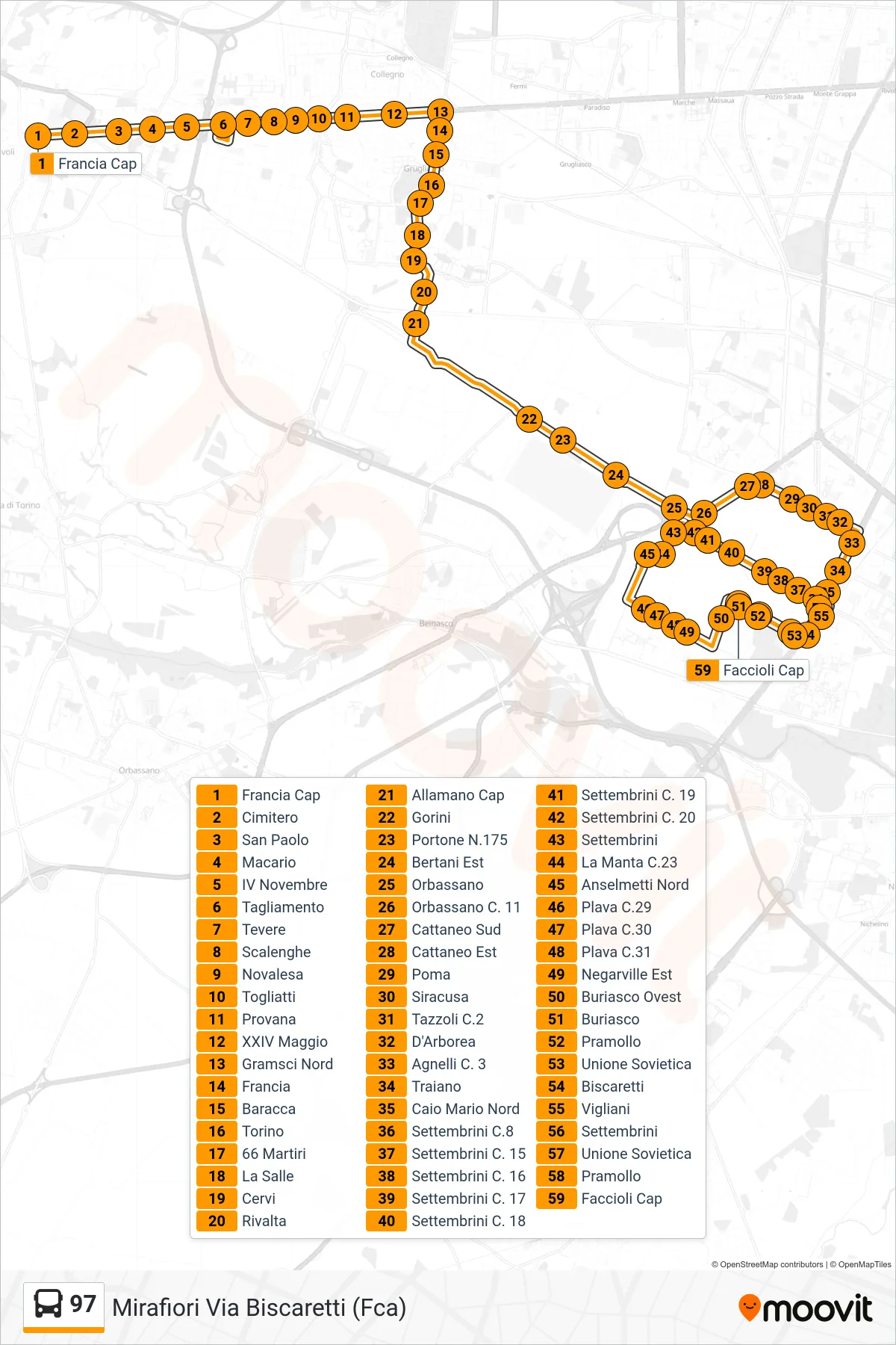 Linea 97 bus (Mirafiori Via Biscaretti (Fca)) - Percorsi e fermate sulla mappa