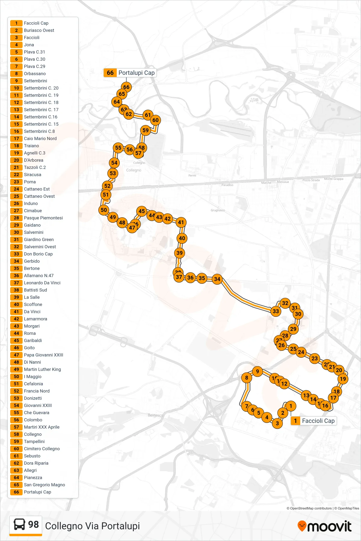 Linea 98  bus (Collegno Via Portalupi) - Percorsi e fermate sulla mappa
