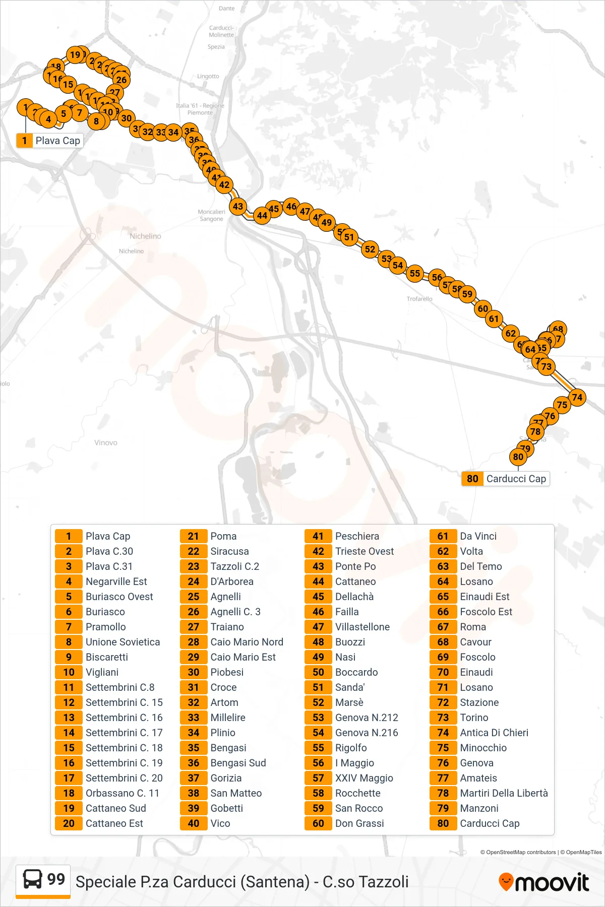 Linea 99 bus (Santena Piazza Carducci) - Percorsi e fermate sulla mappa