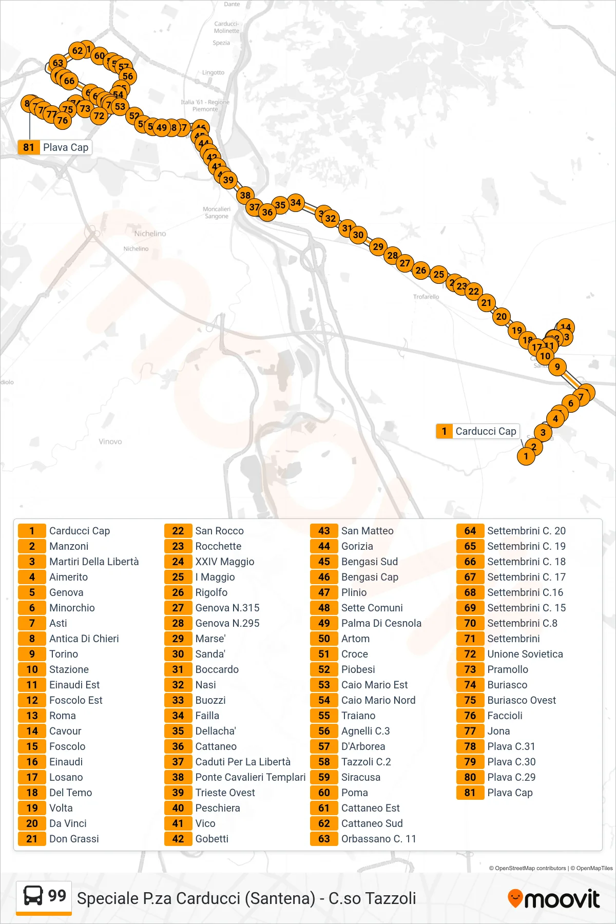 Linea 99 bus (Mirafiori Via Plava (Fca)) - Percorsi e fermate sulla mappa