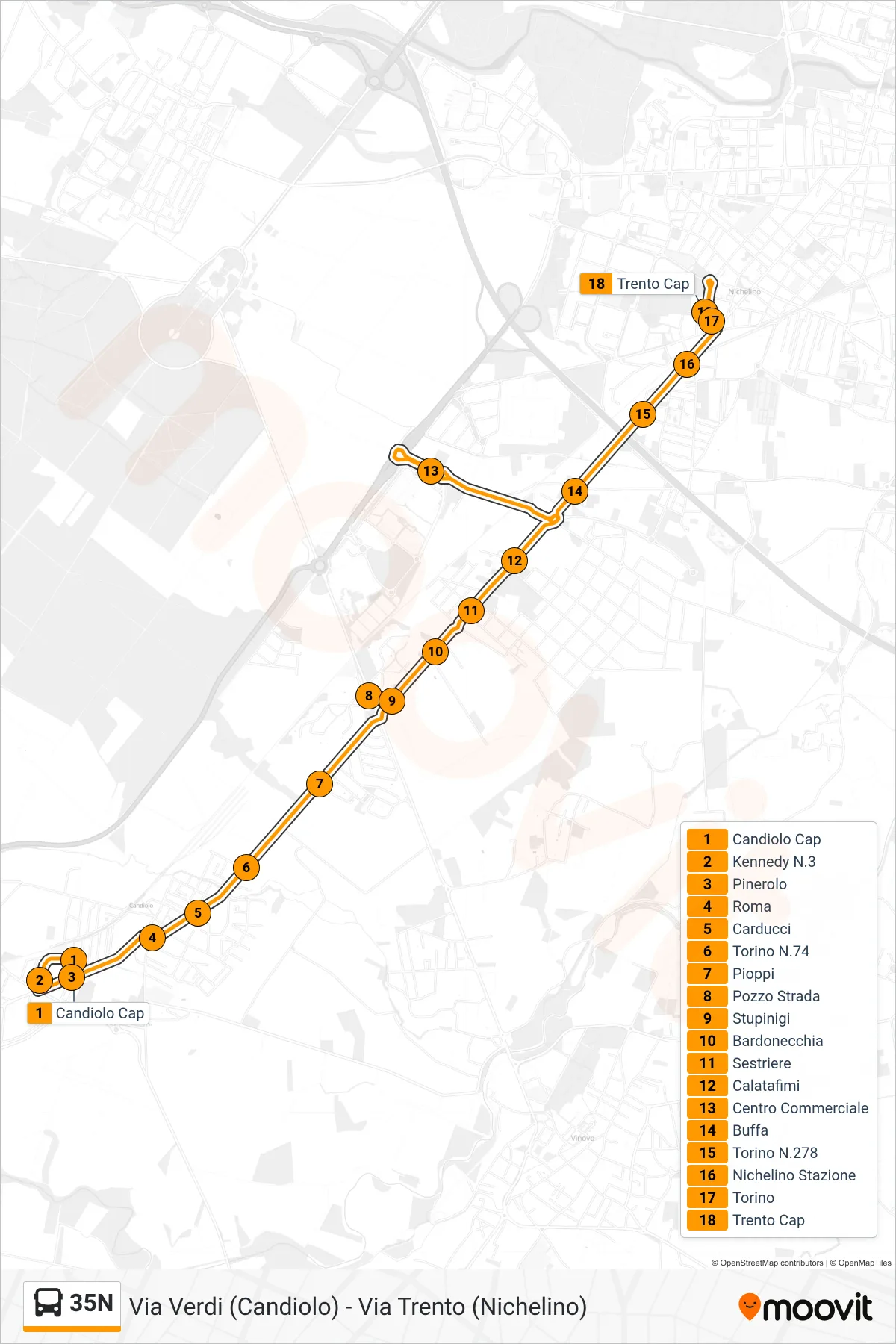 Linea 35N bus (Nichelino Via Trento) - Percorsi e fermate sulla mappa