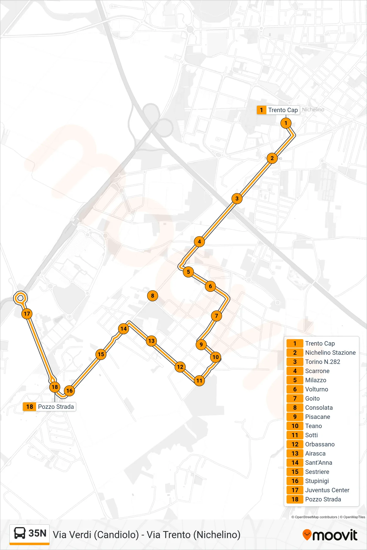 Linea 35N bus (Vinovo Villaggio Dega) - Percorsi e fermate sulla mappa