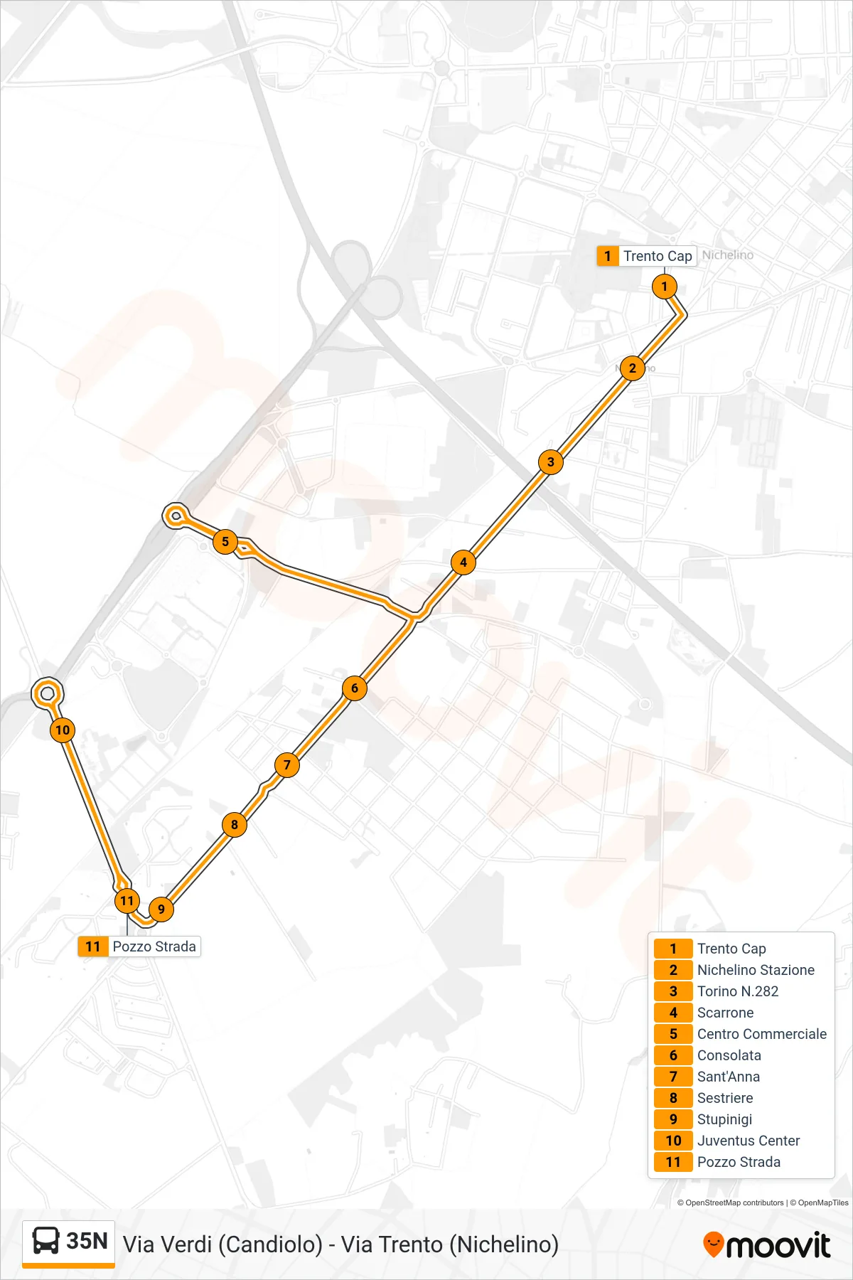 Linea 35N  bus (Villaggio Dega Transita Mondo Juve) - Percorsi e fermate sulla mappa