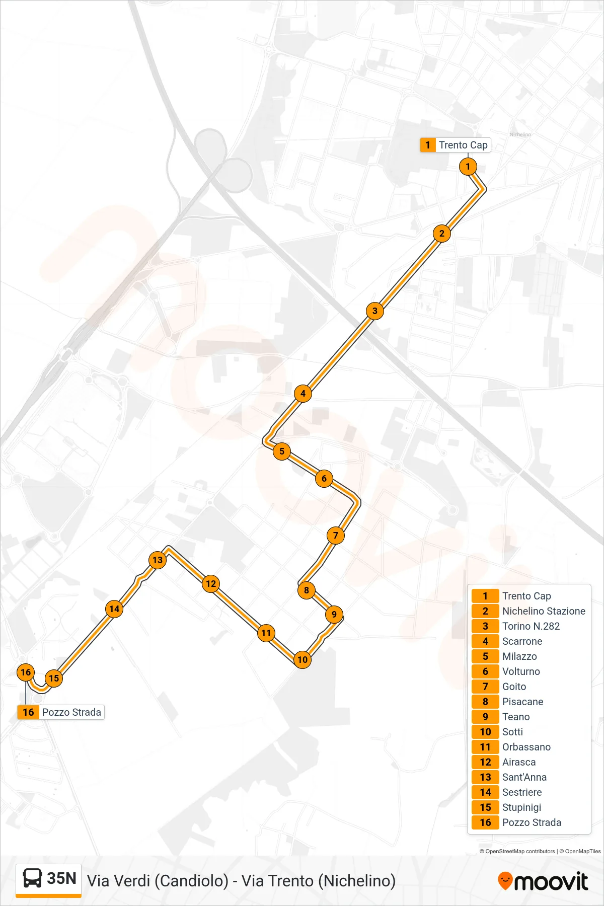Linea 35N  bus (Villaggio Dega Transita Industrie) - Percorsi e fermate sulla mappa