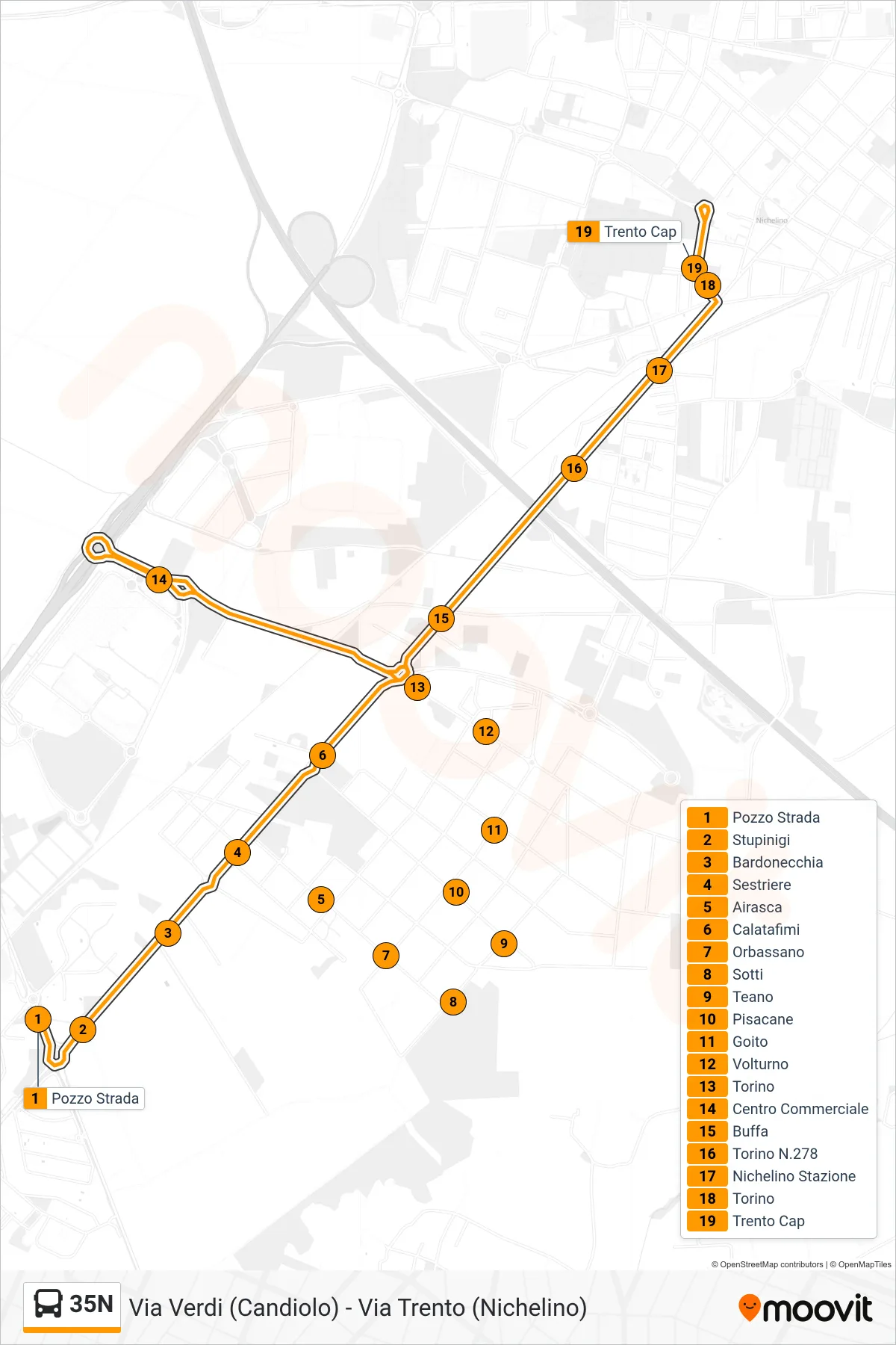 Linea 35N  bus (Via Trento Transita Mondo Juve) - Percorsi e fermate sulla mappa
