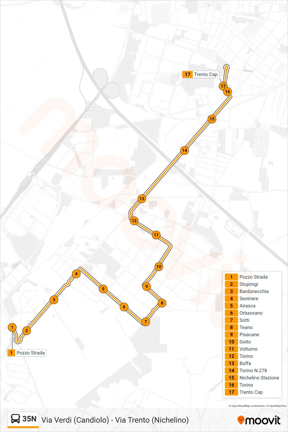 Linea 35N bus (Garino Zona Industriale) - Percorsi e fermate sulla mappa