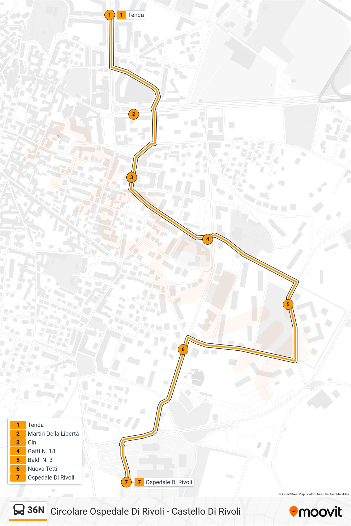 Linea 36N  bus (Ospedale Di Rivoli) - Percorsi e fermate sulla mappa