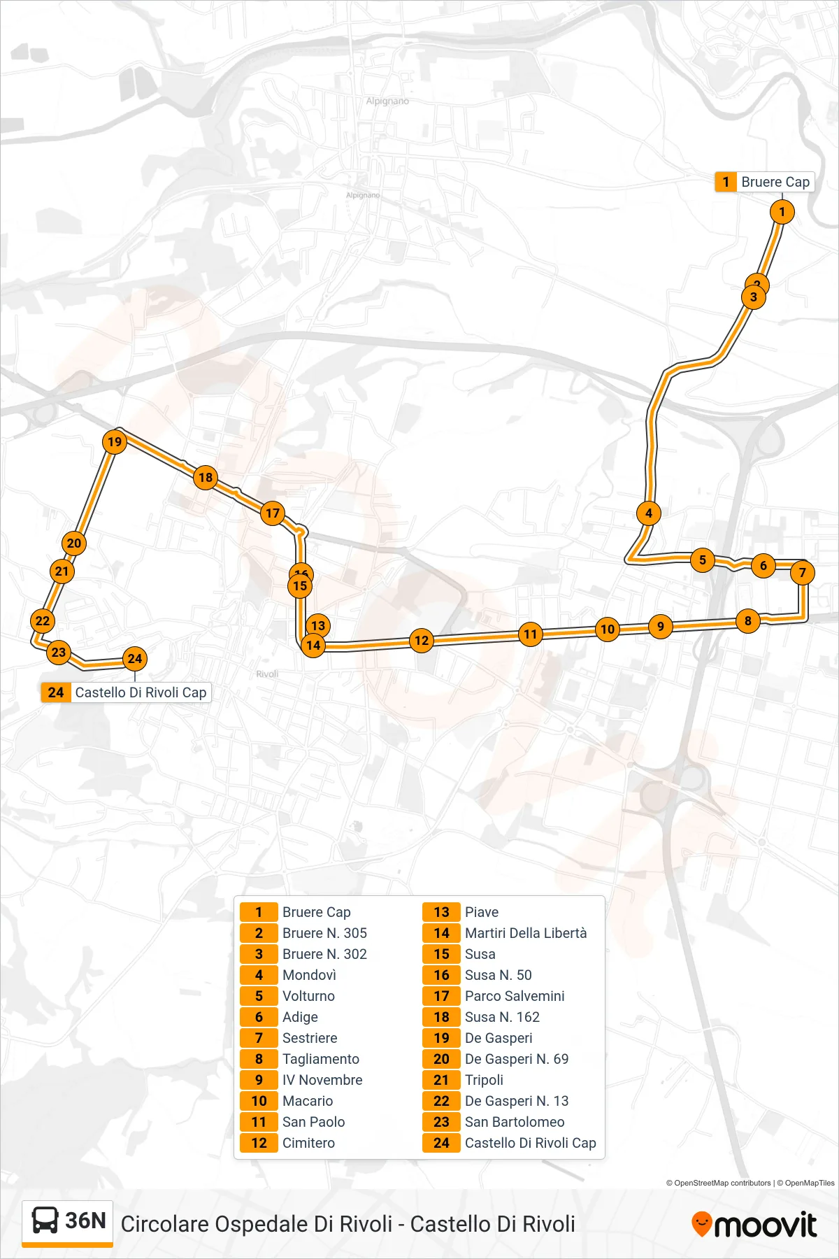 Linea 36N bus (Scolastico 3 Castello Di Rivoli) - Percorsi e fermate sulla mappa