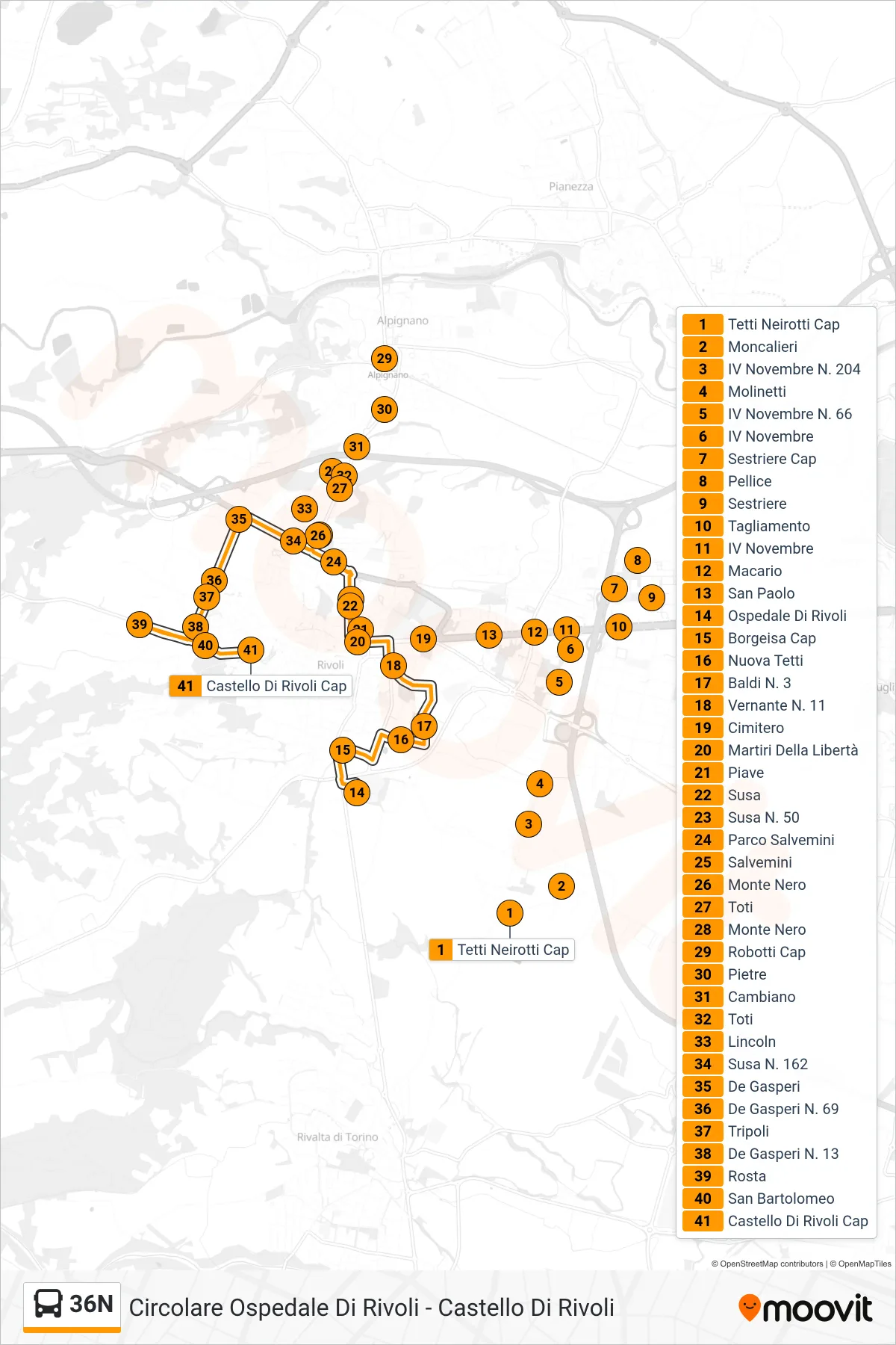 Linea 36N bus (Rivoli Castello) - Percorsi e fermate sulla mappa