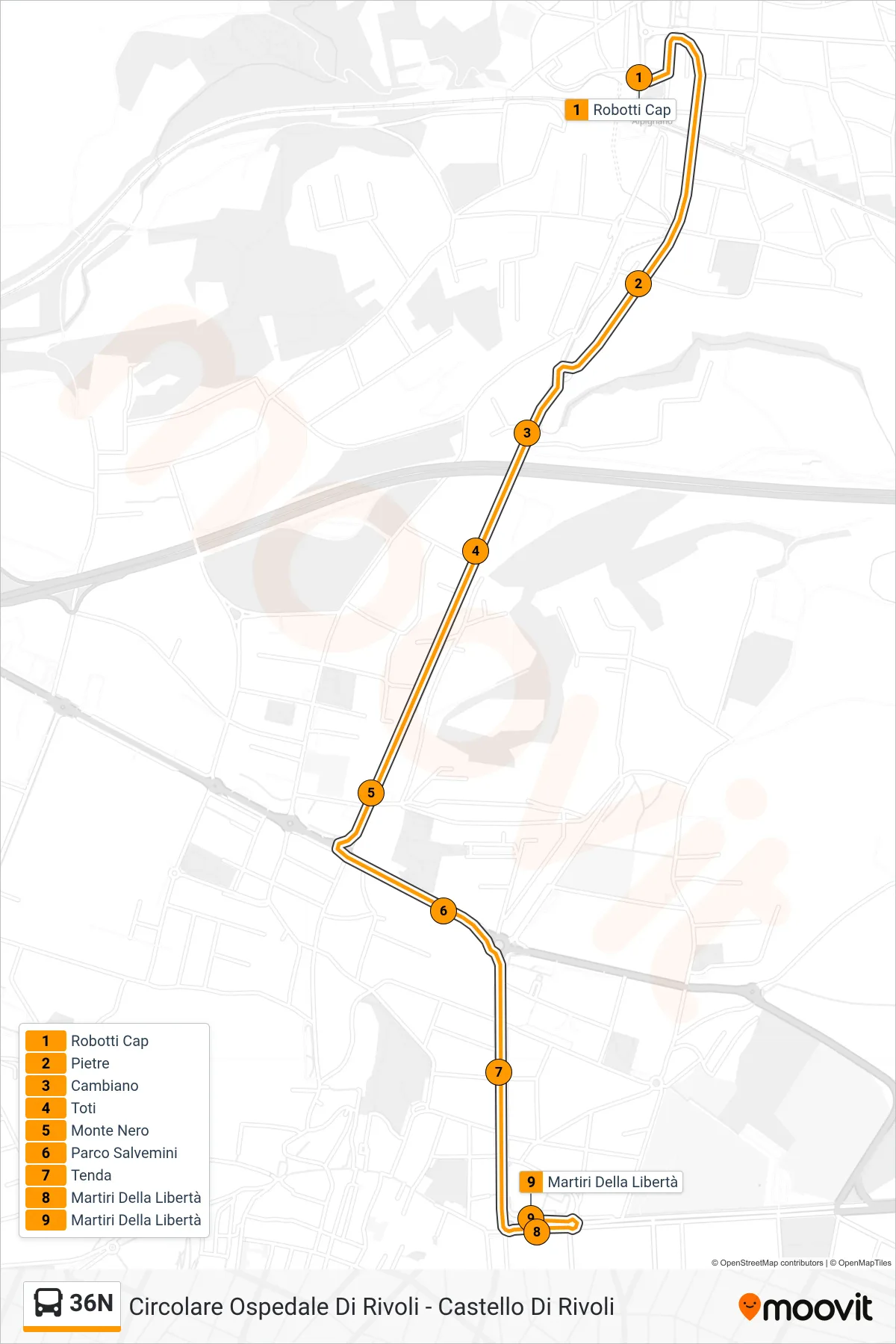 Linea 36N  bus (Rivoli P. Martiri Liberta') - Percorsi e fermate sulla mappa