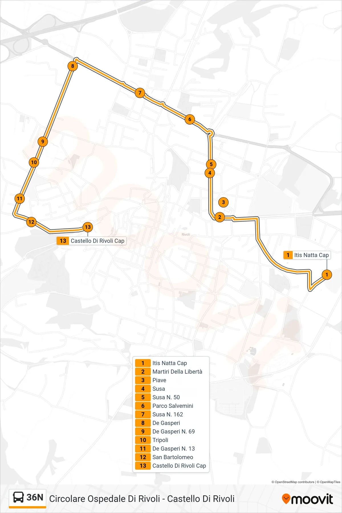 Linea 36N bus (Scolastico 6 Castello Di Rivoli) - Percorsi e fermate sulla mappa