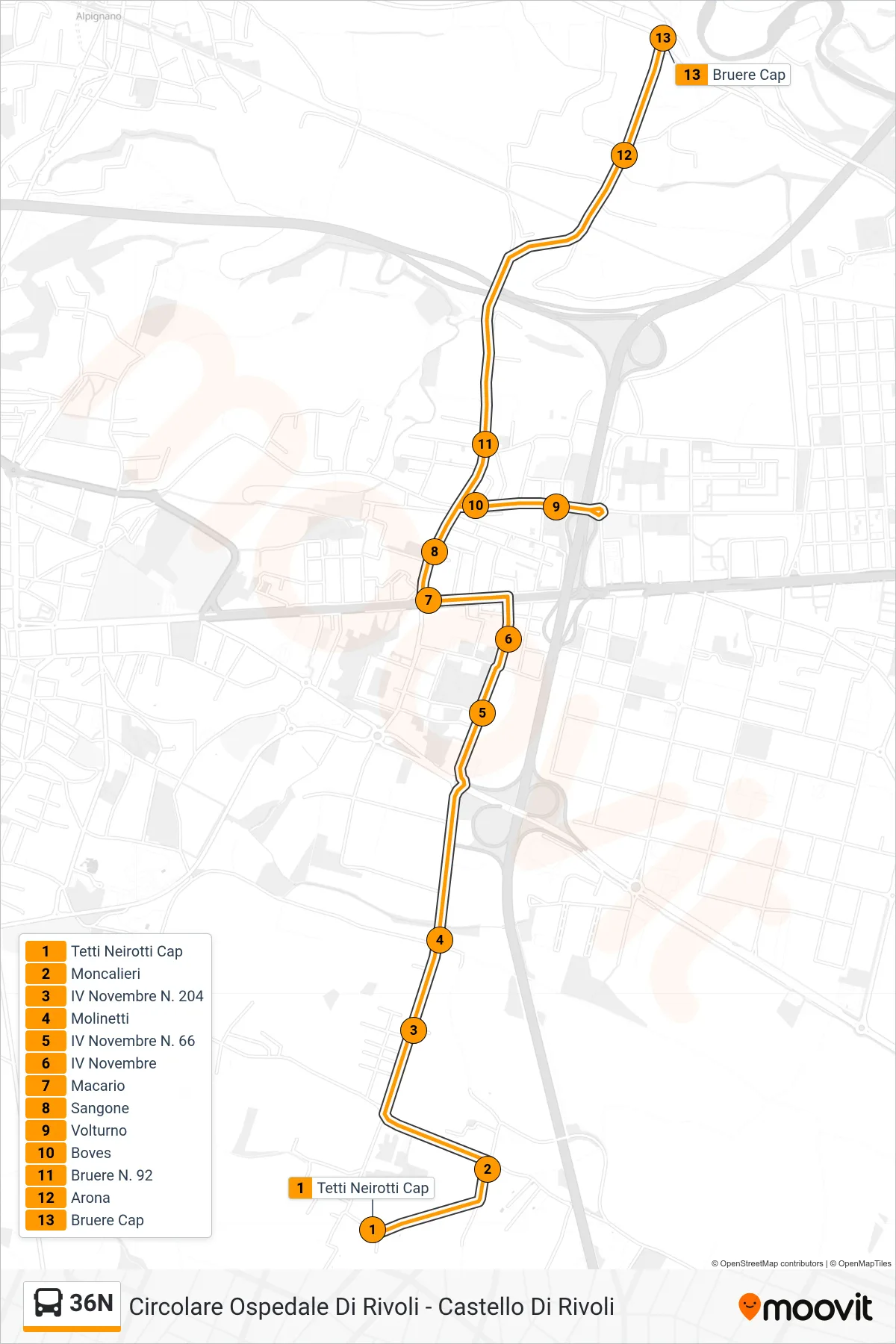 Linea 36N bus (Rivoli Via Bruere) - Percorsi e fermate sulla mappa