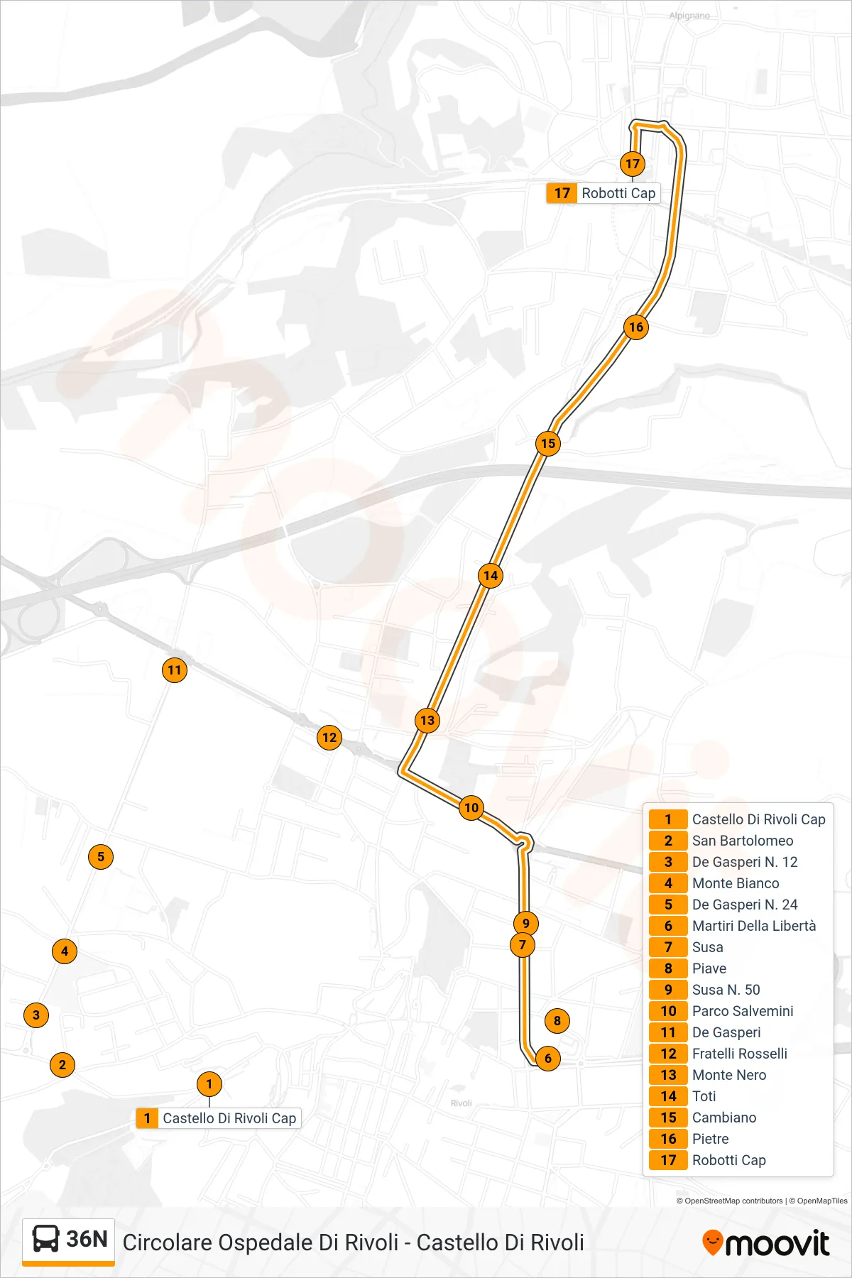 Linea 36N bus (Alpignano Stazione) - Percorsi e fermate sulla mappa