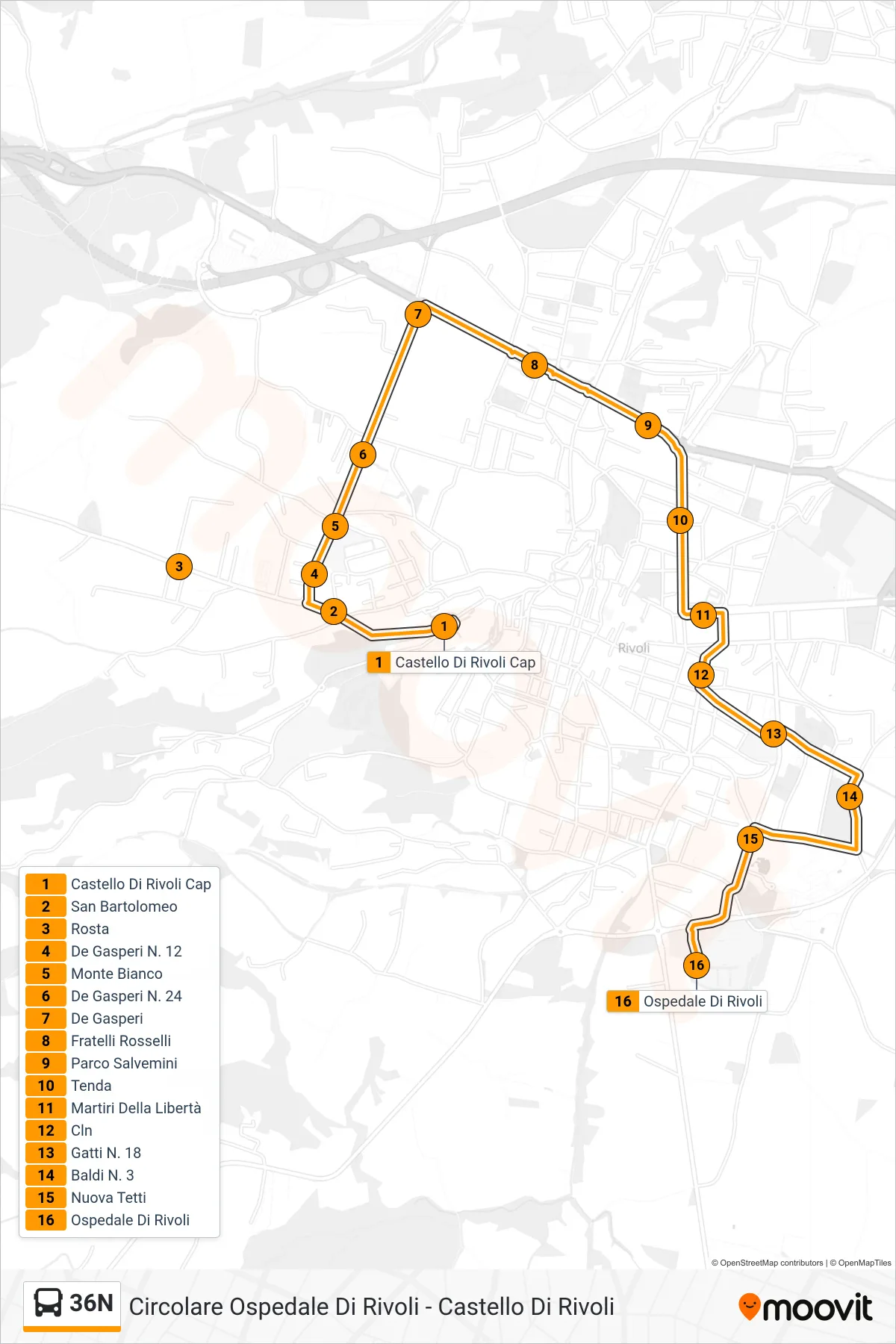 Linea 36N  bus (Rivoli Ospedale) - Percorsi e fermate sulla mappa