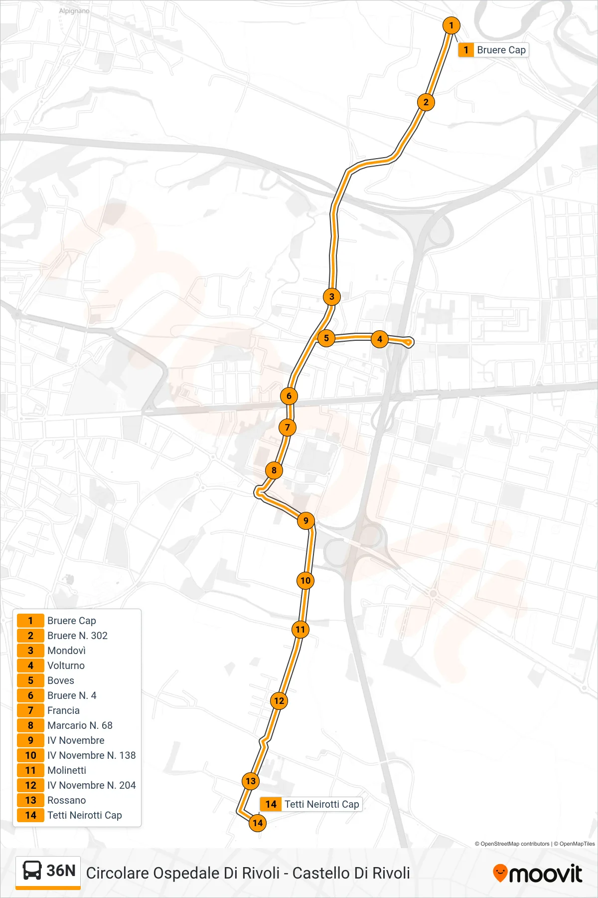 Linea 36N  bus (Rivoli Tetti Neirotti) - Percorsi e fermate sulla mappa