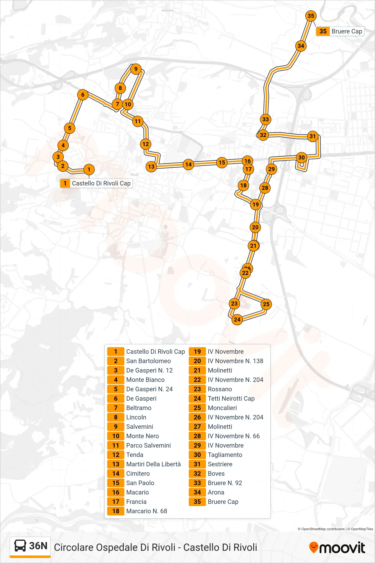 Linea 36N bus (Rivoli Via Bruere) - Percorsi e fermate sulla mappa