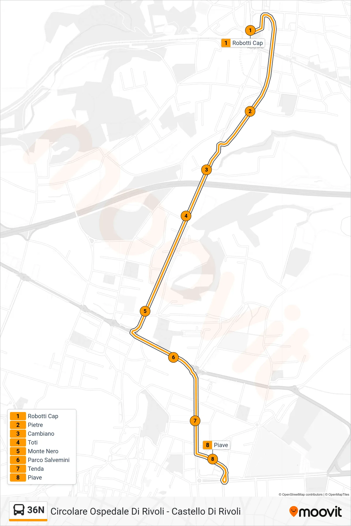 Linea 36N bus (Rivoli Piazza Martiri) - Percorsi e fermate sulla mappa