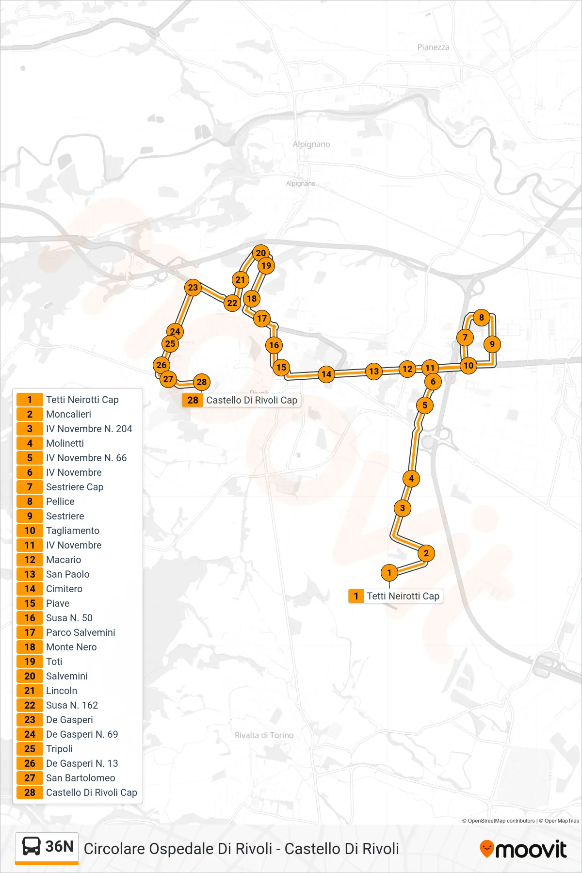 Linea 36N bus (Scolastico 2 Castello Di Rivoli) - Percorsi e fermate sulla mappa
