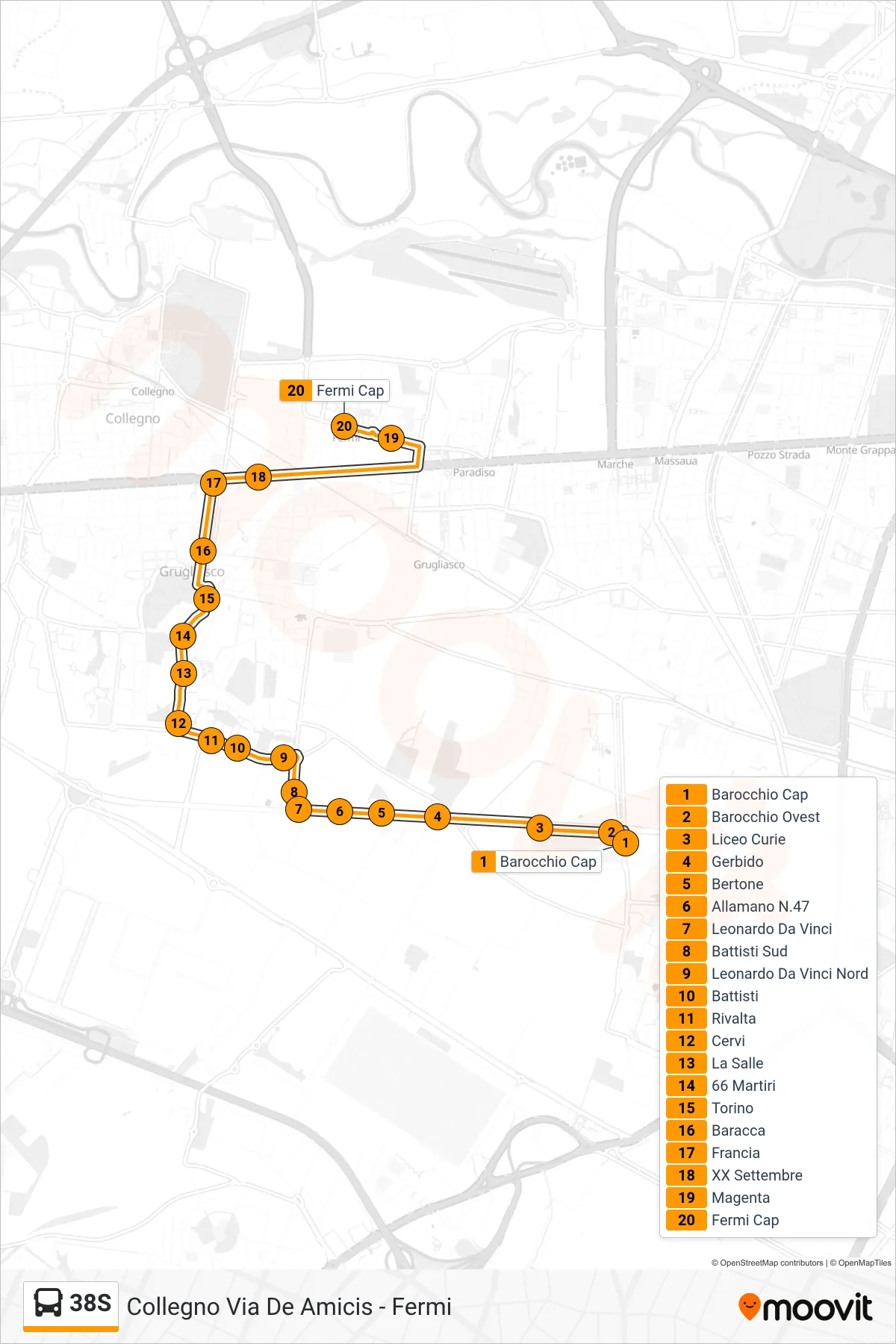 Linea 38S bus (Collegno Via De Amicis - Fermi) - Percorsi e fermate sulla mappa