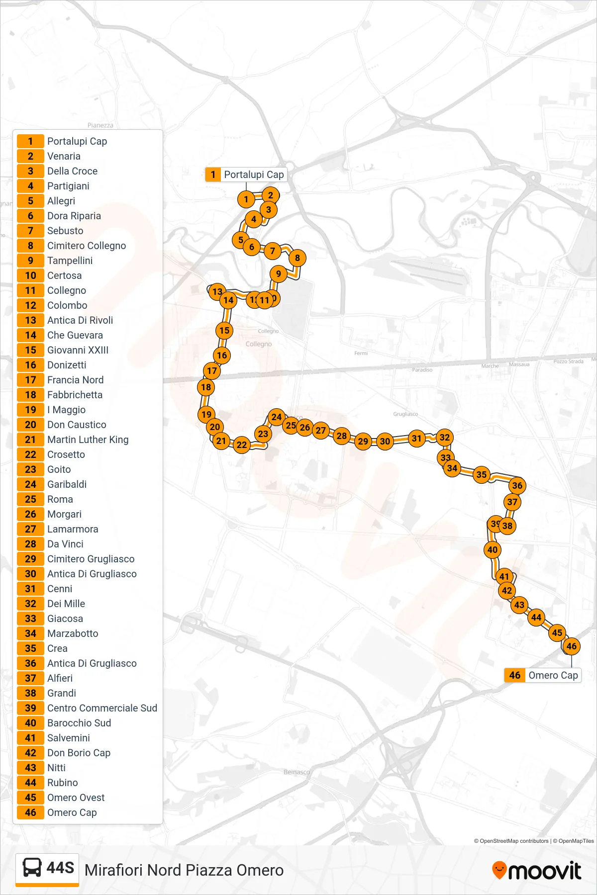 Linea 44S bus (Mirafiori Nord Piazza Omero) - Percorsi e fermate sulla mappa