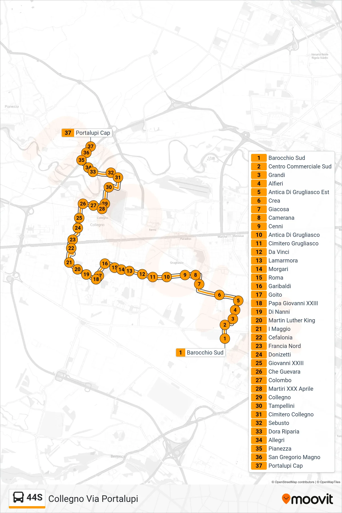 Linea 44S  bus (Collegno Via Portalupi) - Percorsi e fermate sulla mappa