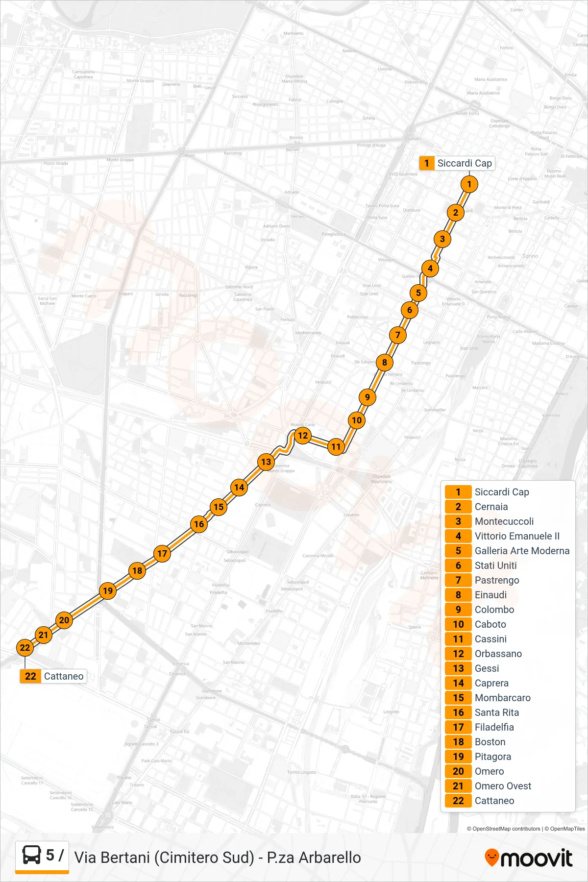 5 / bus Line (Cattaneo) route and stops on a map