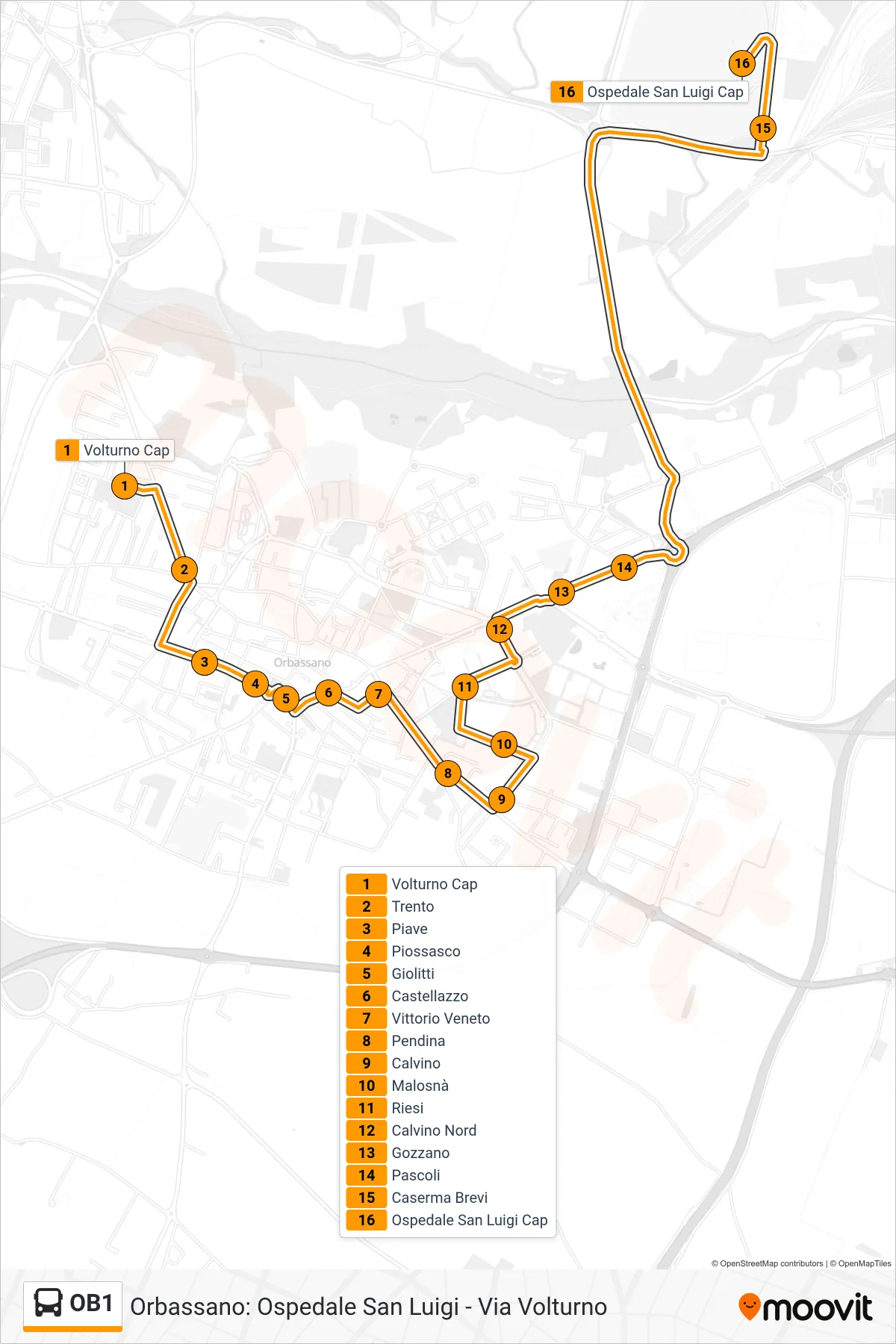 Linea OB1 bus (Orbassano Ospedale San Luigi) - Percorsi e fermate sulla mappa