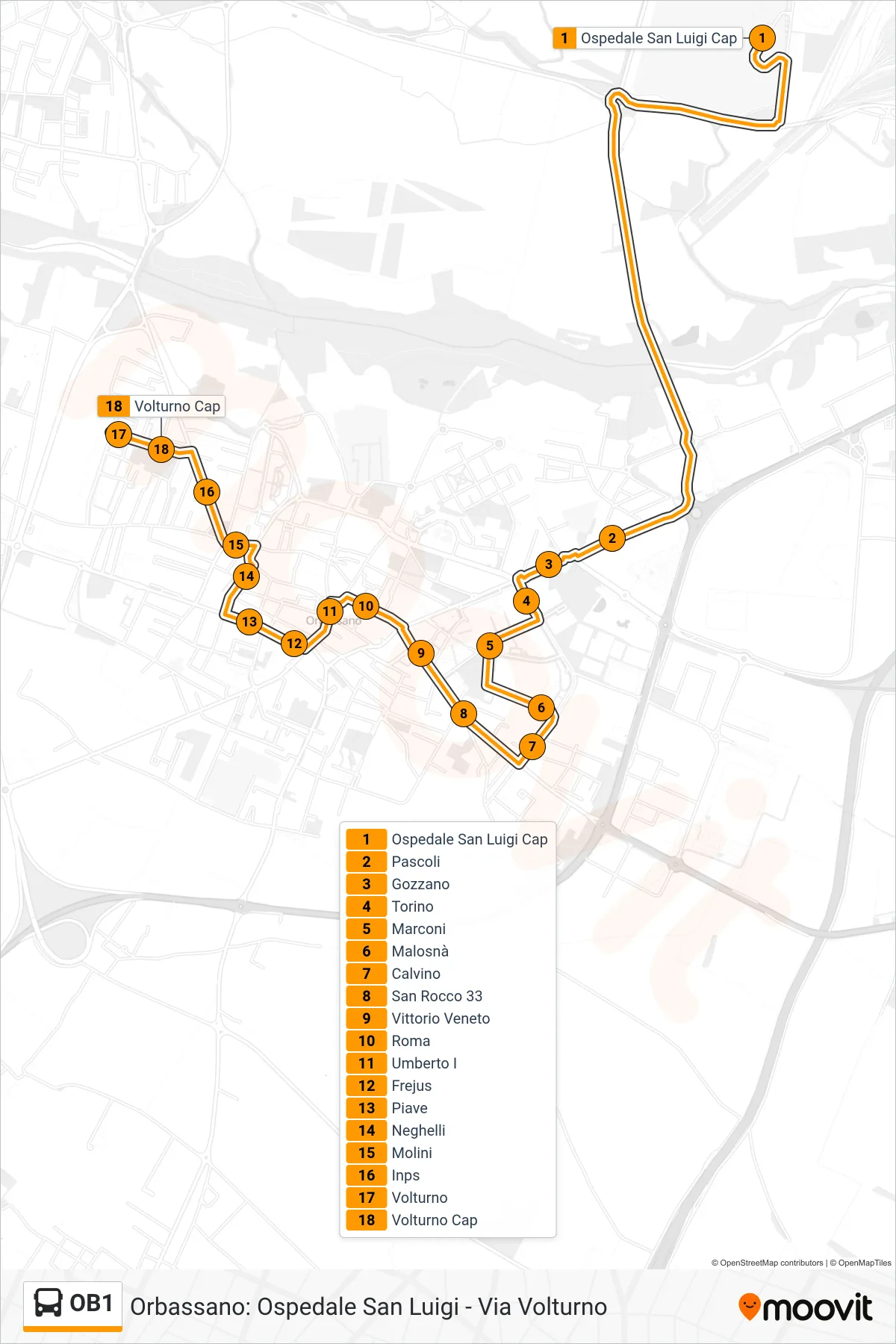 Linea OB1 bus (Orbassano Via Volturno) - Percorsi e fermate sulla mappa