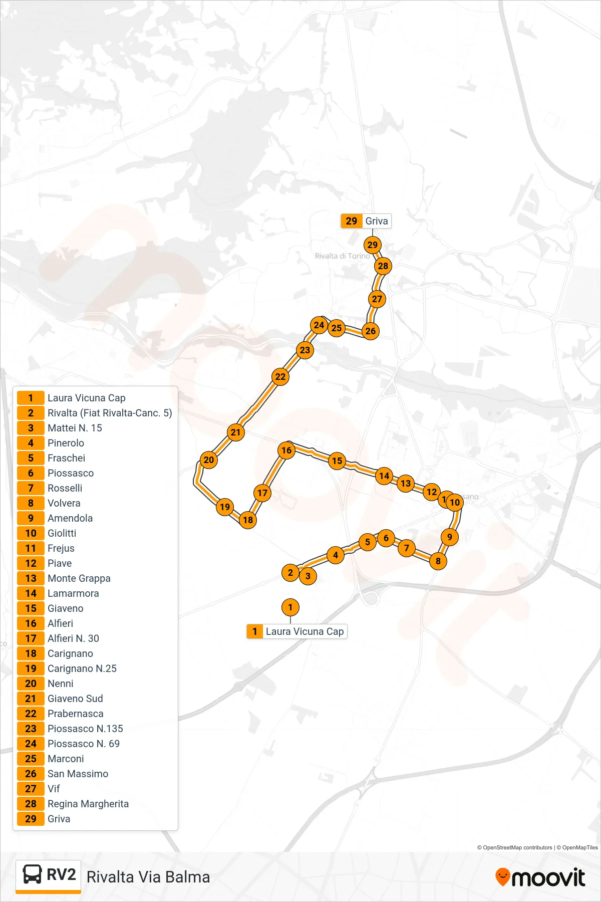 Linea RV2  bus (Rivalta Via Balma) - Percorsi e fermate sulla mappa