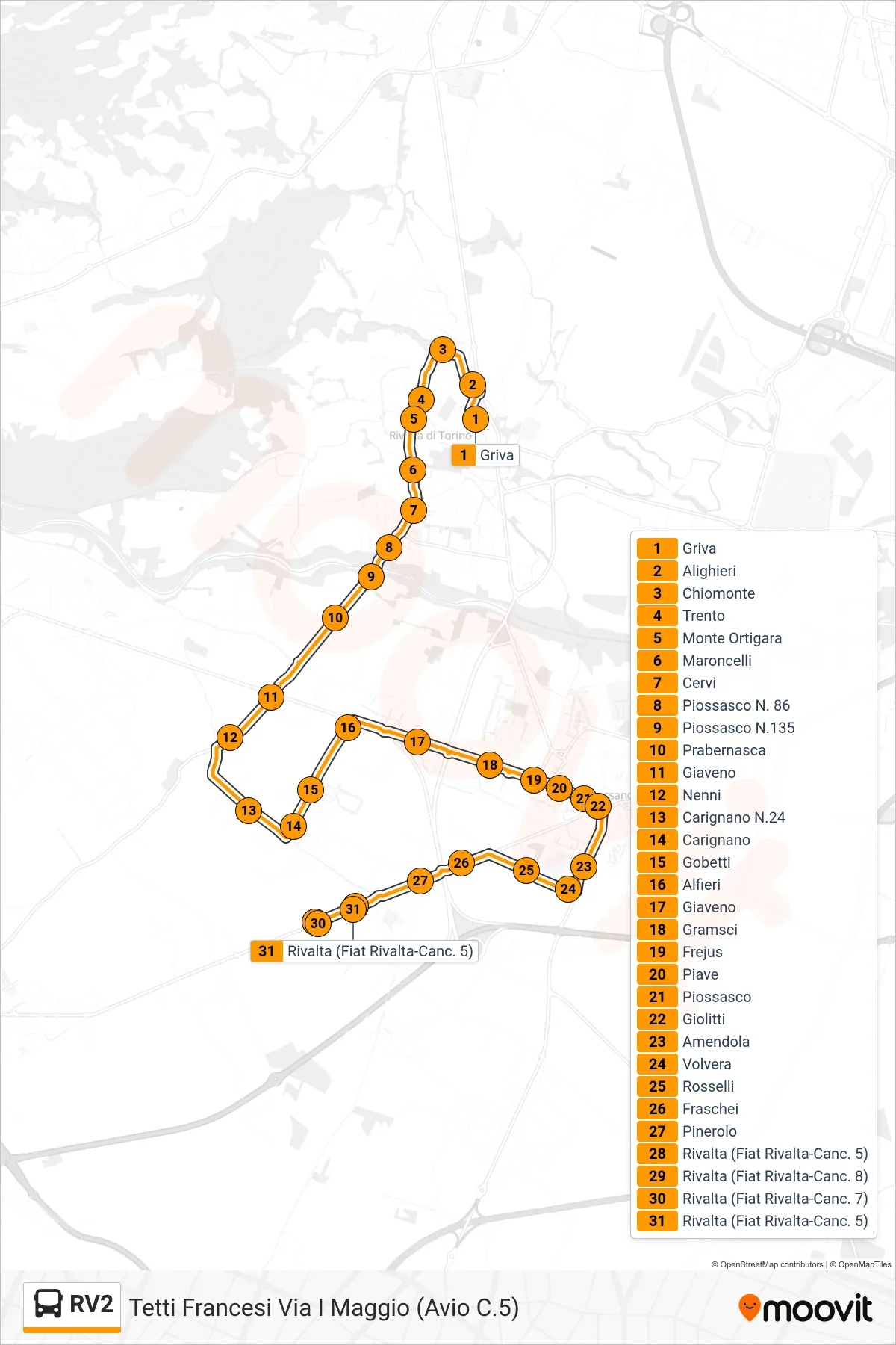 Linea RV2 bus (Tetti Francesi Via I Maggio (Avio C.5)) - Percorsi e fermate sulla mappa