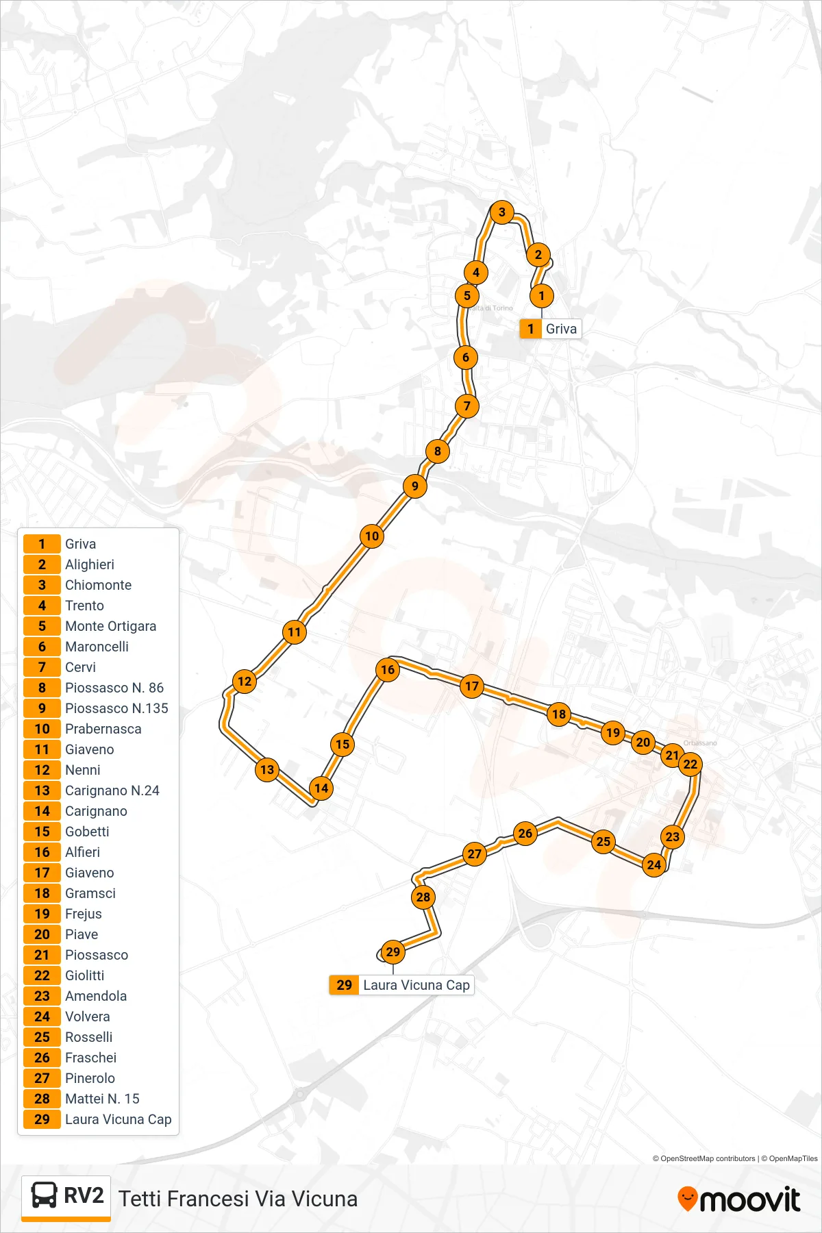 Linea RV2 bus (Tetti Francesi Via Vicuna) - Percorsi e fermate sulla mappa
